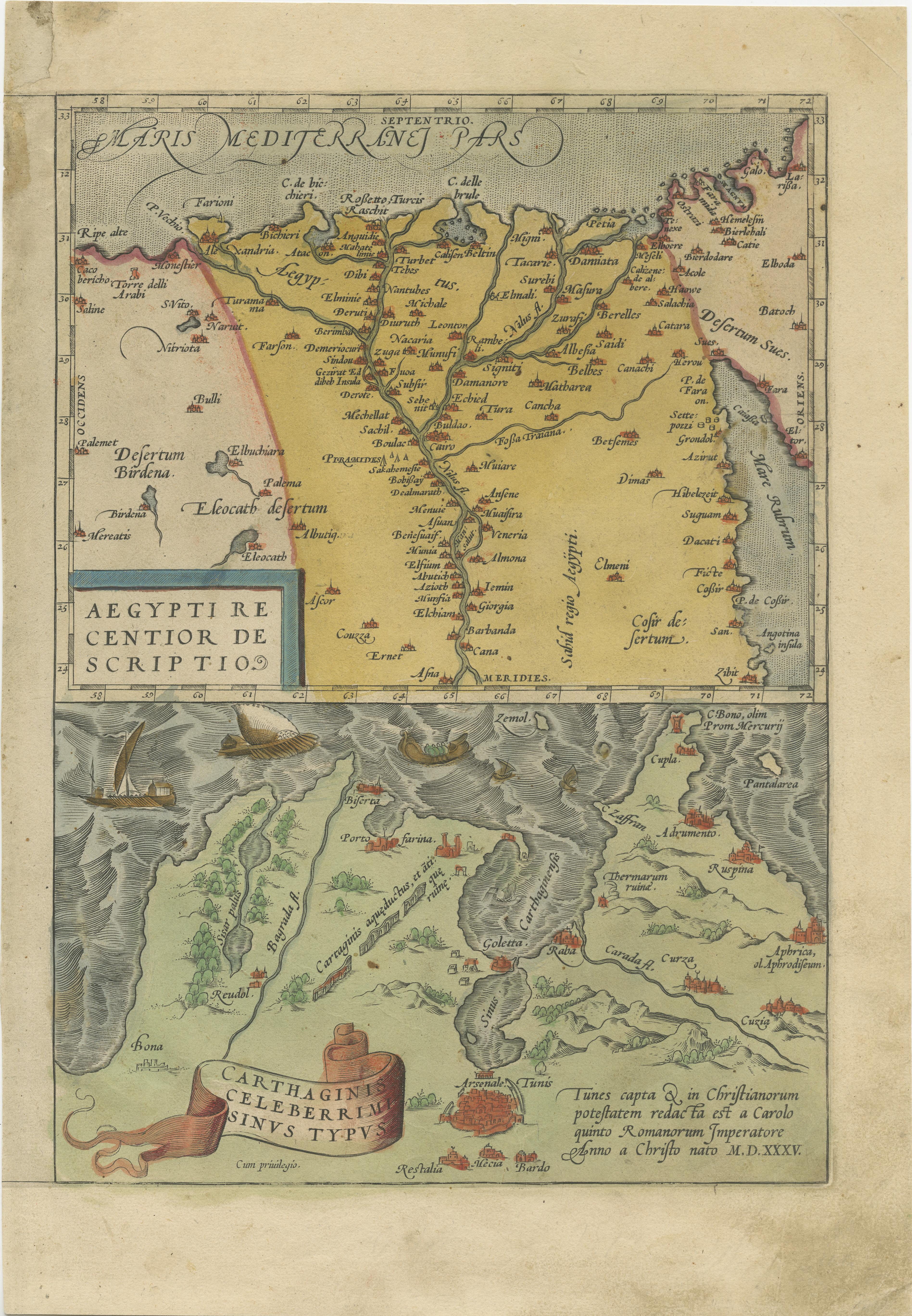 Antique map titled 'Aegypti recentior descriptio - Carthaginis Celeberrimi sinus typus'. Two detailed regional maps by Ortelius. One map shows the region around the Nile, as far as Aswan. The other map shows the environs of the City of Carthage.