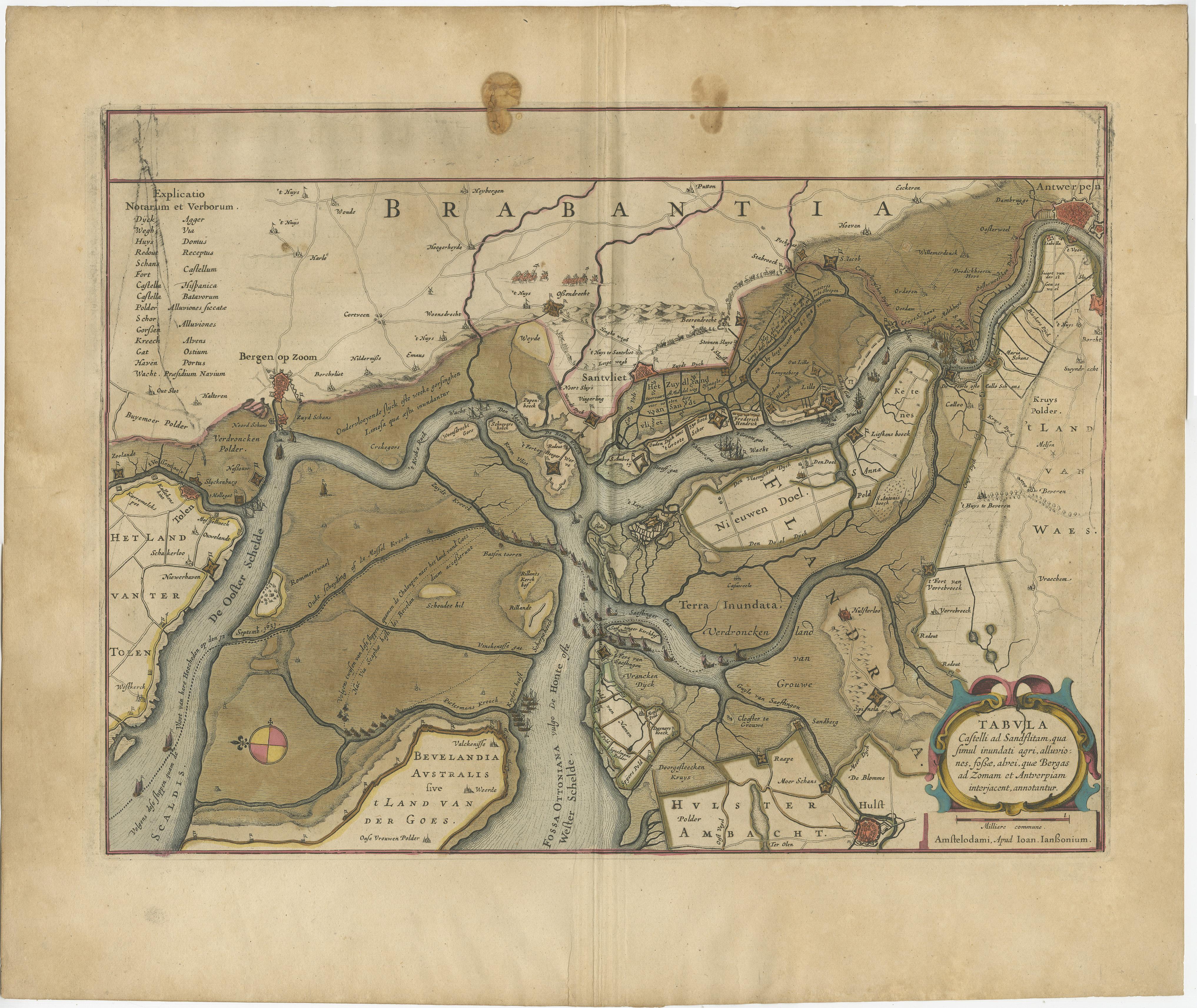Antike Original-Landkarte mit dem Titel 'Tabula Castelli ad Sandflitam (..)'. Detaillierte Karte der Region zwischen Bergen op Zoom, Sandvliet, Hulst und Antwerpen. Herausgegeben von J. Janssonius, um 1647. 