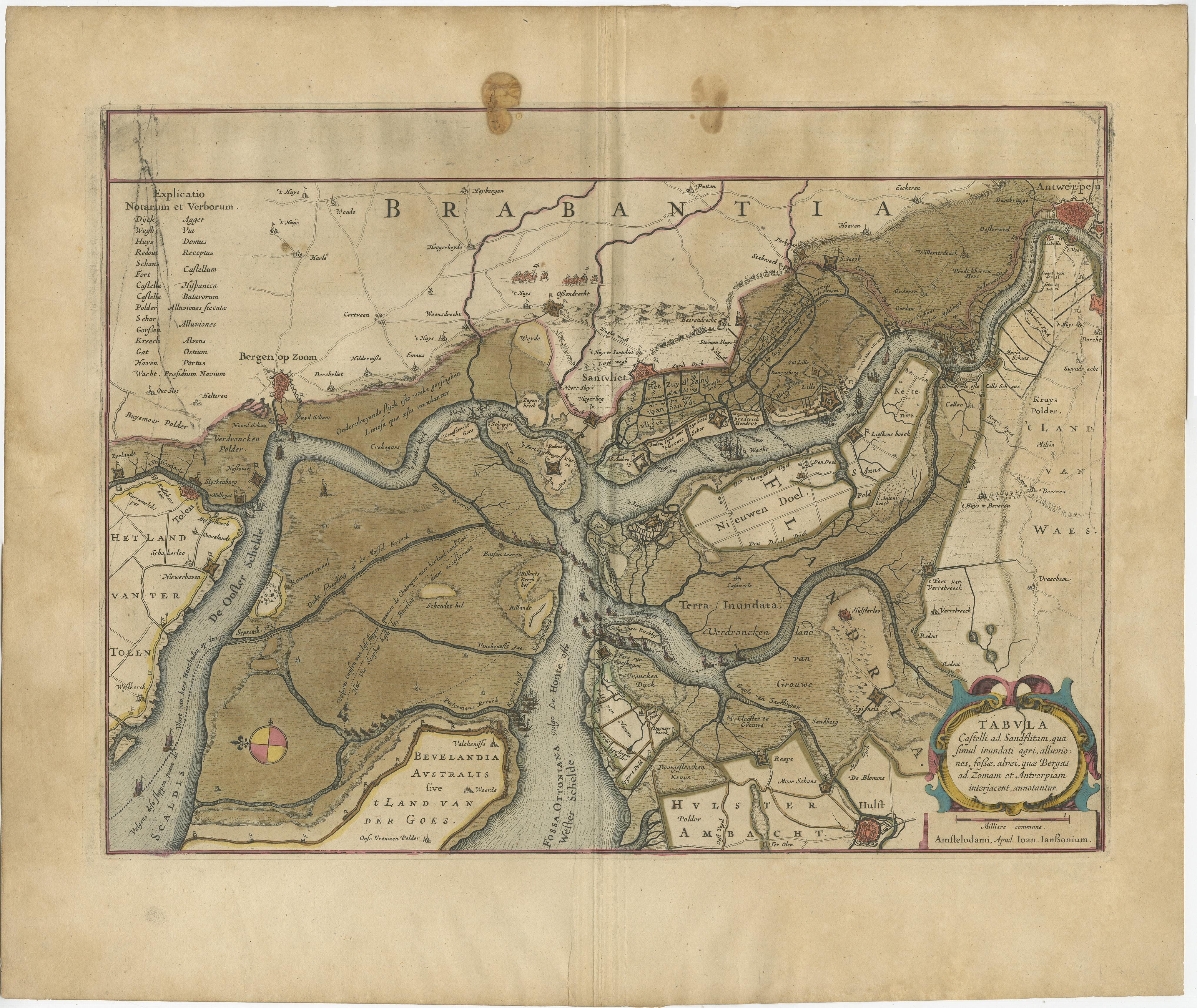 Original antique map titled 'Tabula Castelli ad Sandflitam (..)'. Detailed map of the region between Bergen op Zoom, Sandvliet, Hulst and Antwerp. Published by J. Janssonius, circa 1647. 