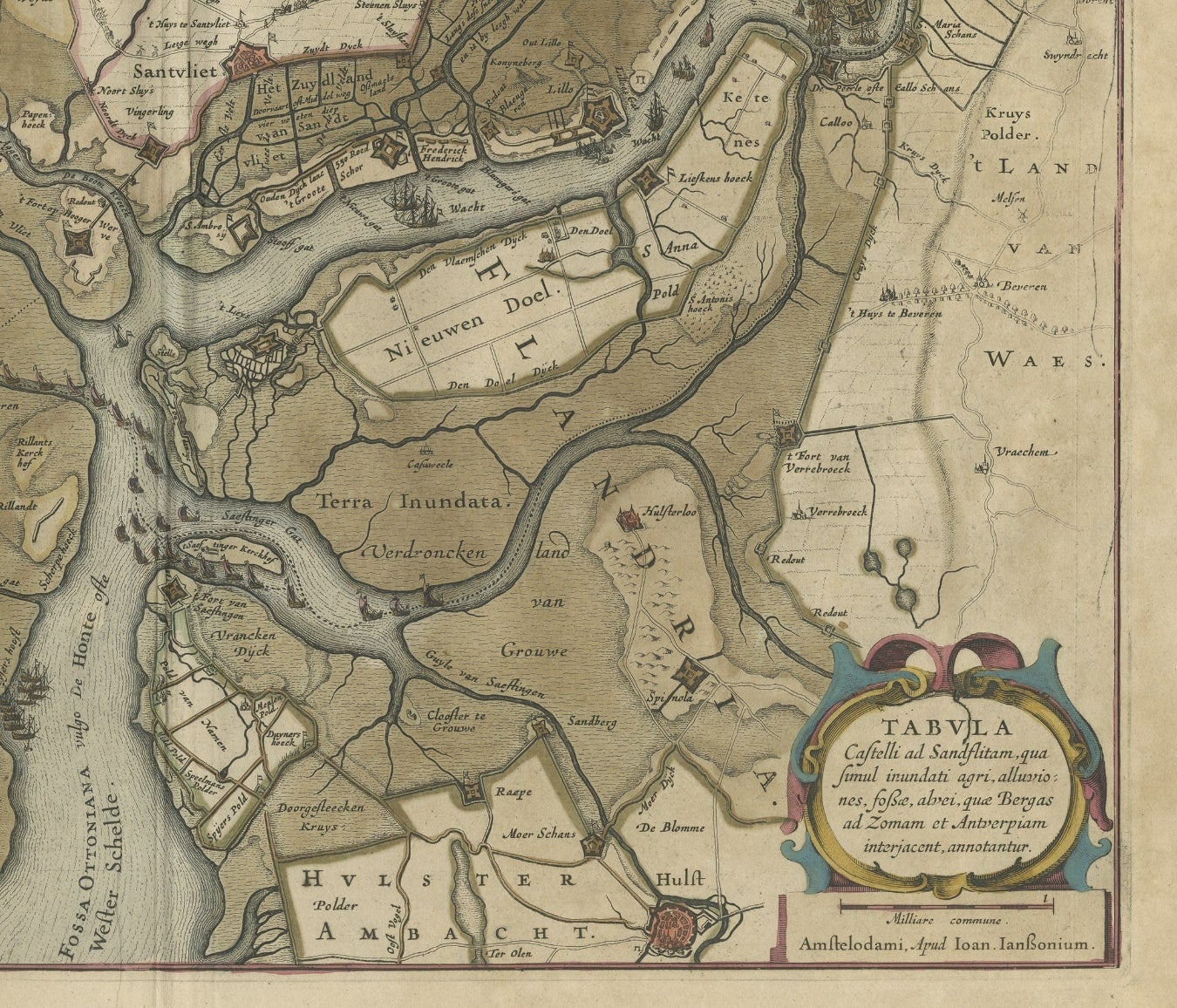 Antique Map of the region between Bergen op Zoom, Sandvliet, Hulst and Antwerp In Fair Condition For Sale In Langweer, NL