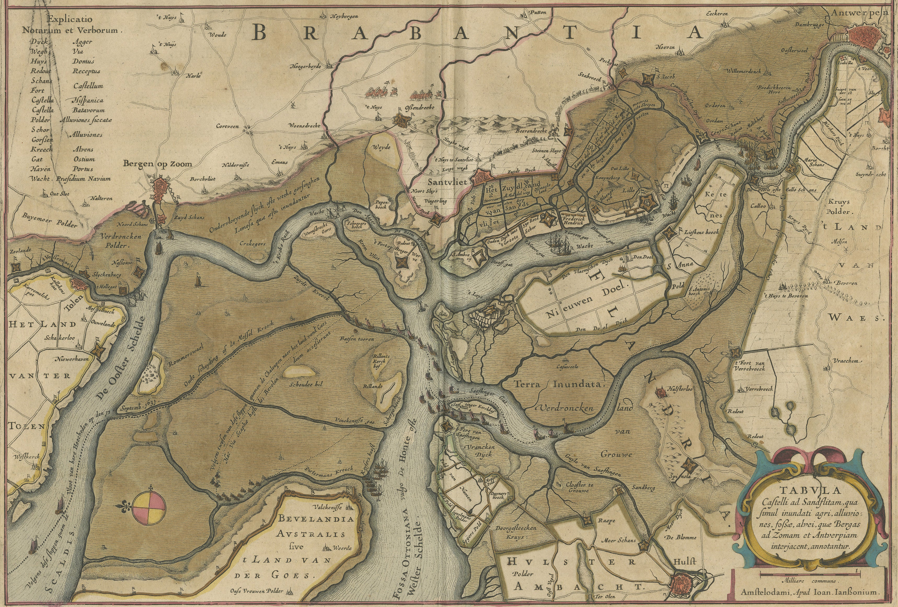 17th Century Antique Map of the region between Bergen op Zoom, Sandvliet, Hulst and Antwerp For Sale