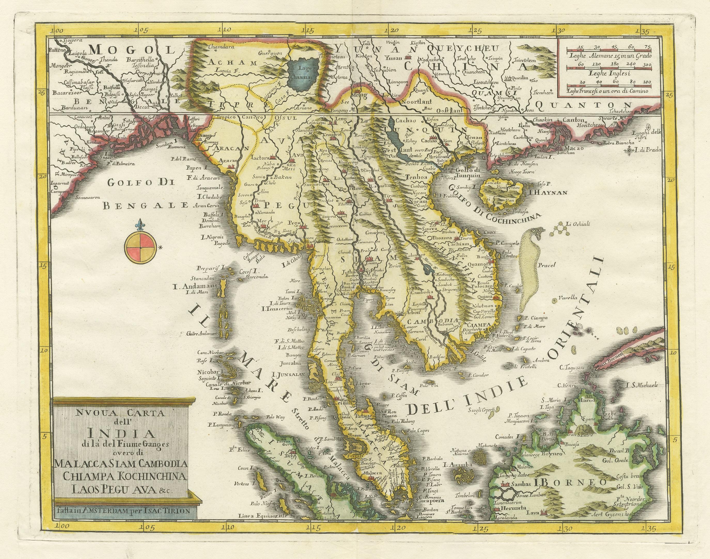 Antique map titled 'Nuova Carta dell' India (..)'. Decorative map of the region centered on the Malay Peninsula and extending from the Straits of Singapore, Malacca and Borneo in the South to China in the east and the Bay of Bengal in the south.