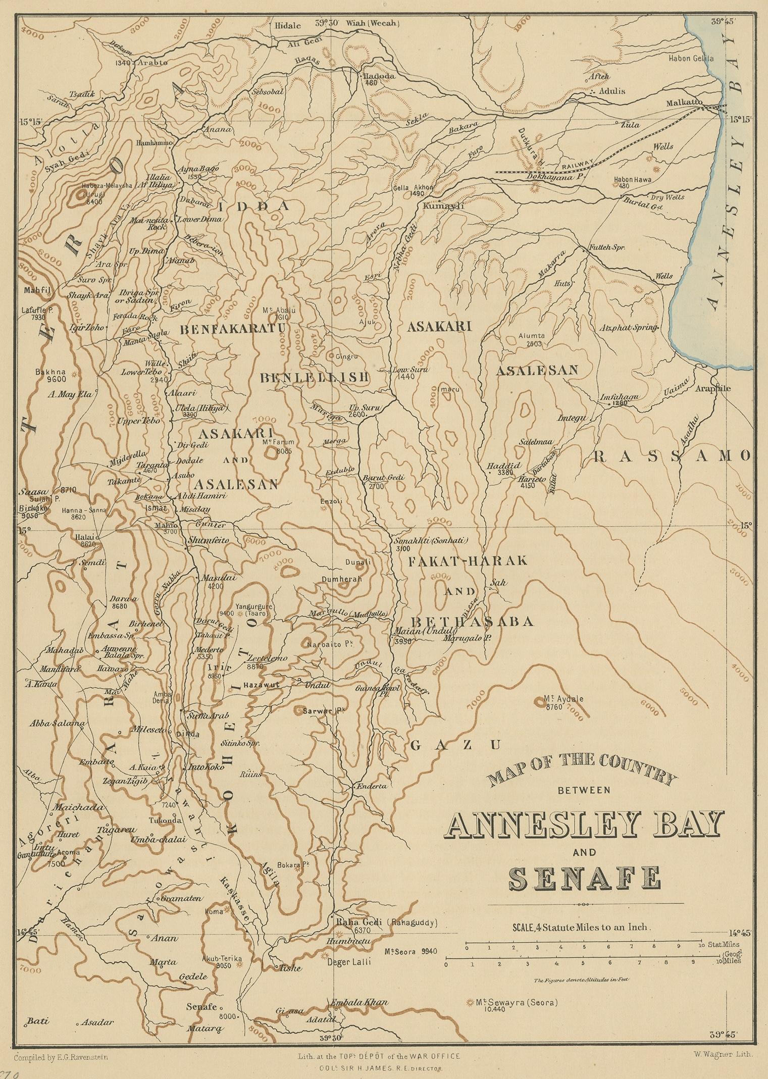Antique print titled 'Map of the Country between Annesley Bay and Senafe'. Map of the region near Annesley Bay (Gulf of Zula, Bay of Arafali), Eritrea, Africa. The bay is located about 30 miles south of the modern day Eritrean city of Massawa. This
