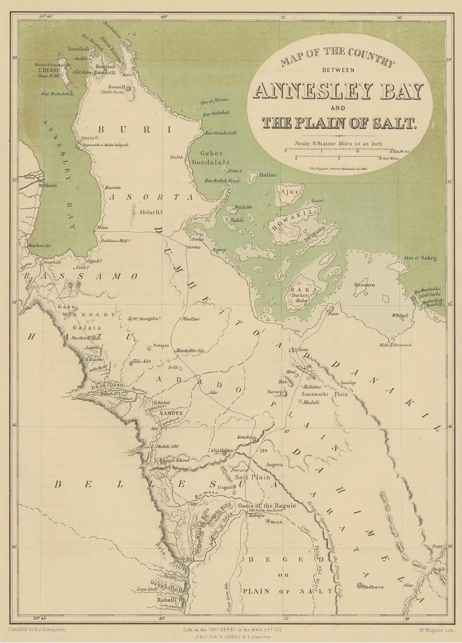 Antique map titled 'Map of the Country between Annesley Bay and the Plain of Salt'. Lithographed map of the region near the Gulf of Zula, also known as Annesley Bay, Baia di Arafali or Zula Bahir Selat’e, is a body of water on the Eritrean coastline