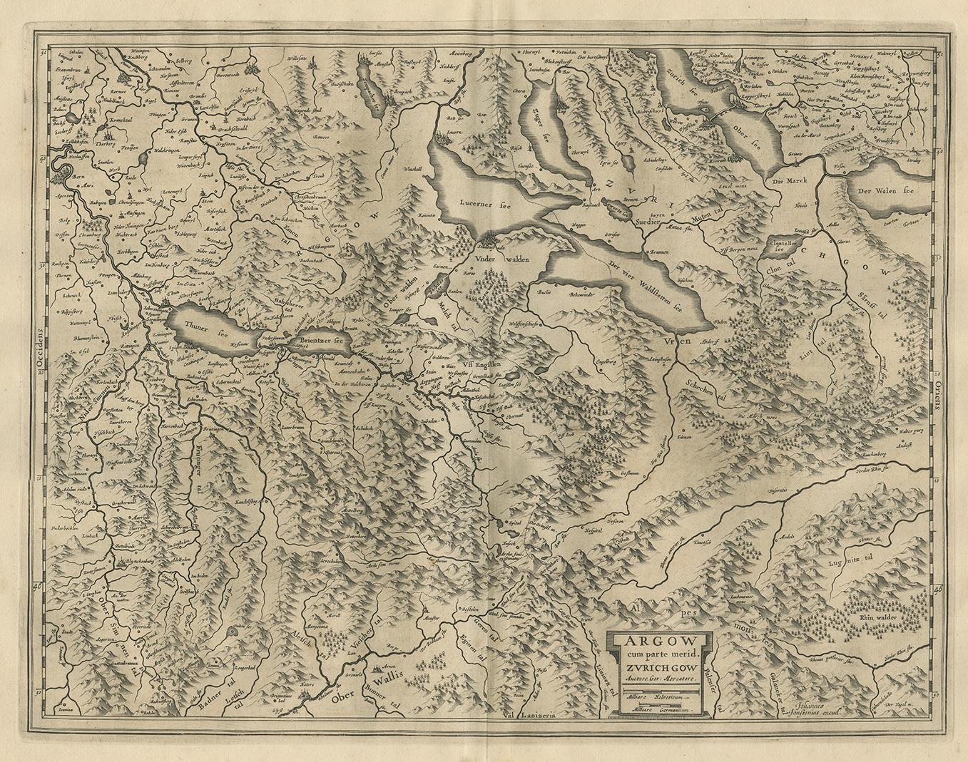 Antique map 'Argow cum parte merid. Zurichgow'. Detailed map of Switzerland showing Aargau with the southern part of Zürich. This map originates from 'Atlas Novus, Sive Theatrum Orbis Orbis Terrarum: In quo Galliae, Helvetiae (..)' by J. Janssonius
