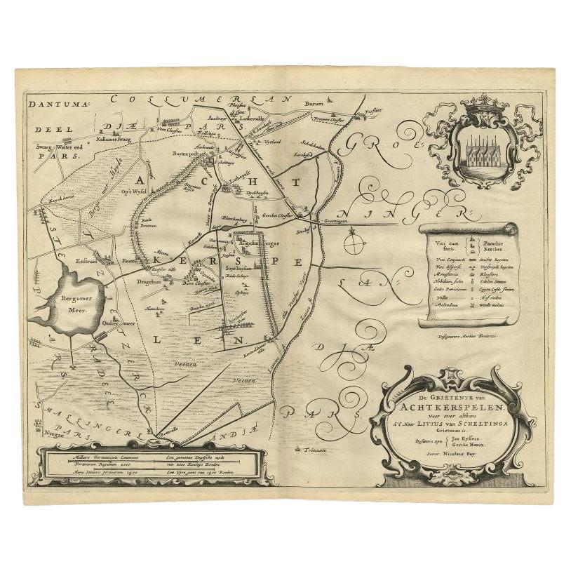 Antique Map of the Region of Achtkarspelen by Schotanus, 1664 For Sale