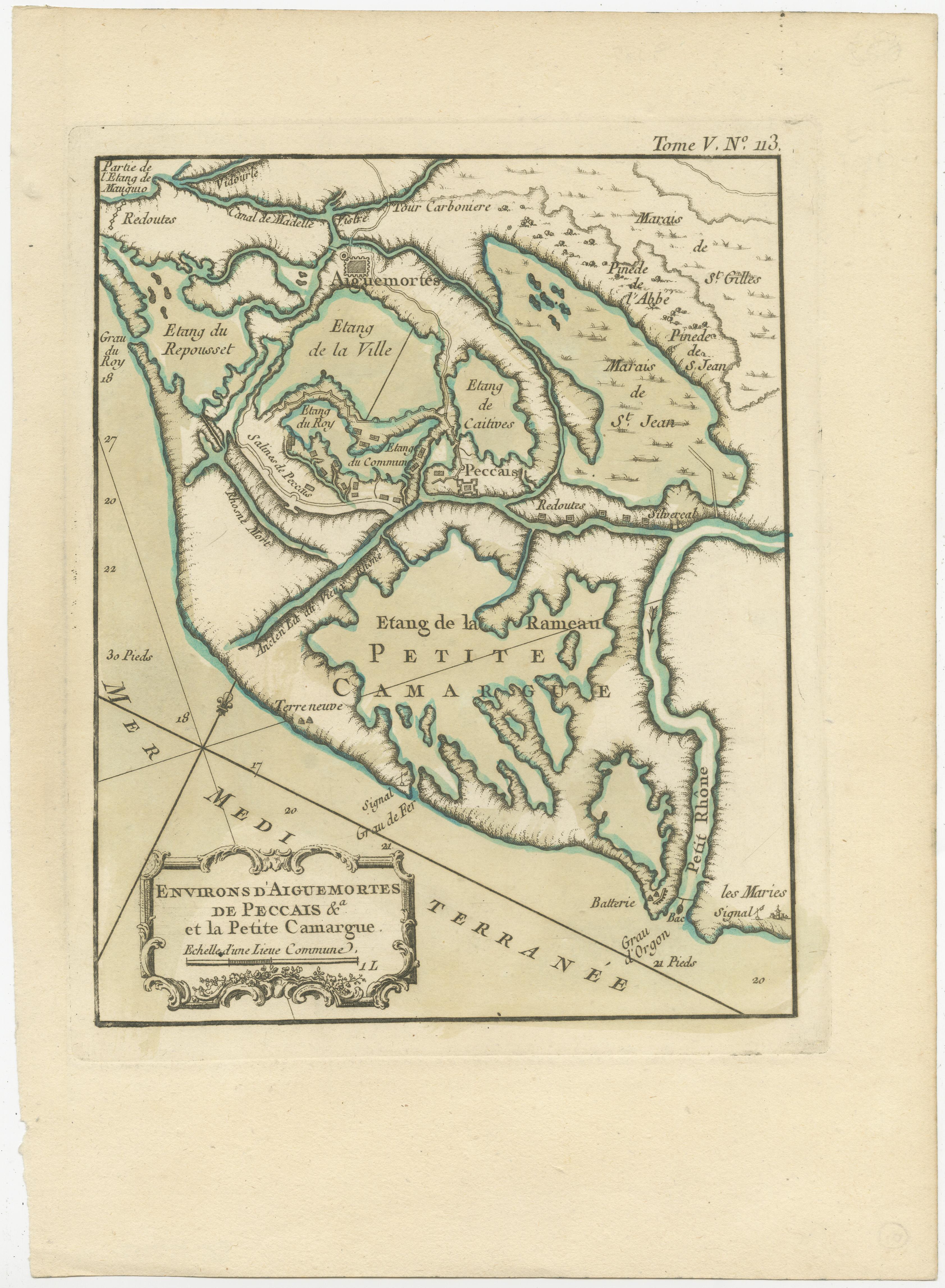 Antique map titled 'Environs d'Aiguemortes de Peccais &a et la petite Camargue'. Original map of the region of Aigues-Mortes and Camargue, France. This map originates from 'Le Petit Atlas Maritime (..)' by J.N. Bellin. Published 1764. 

Bellin was