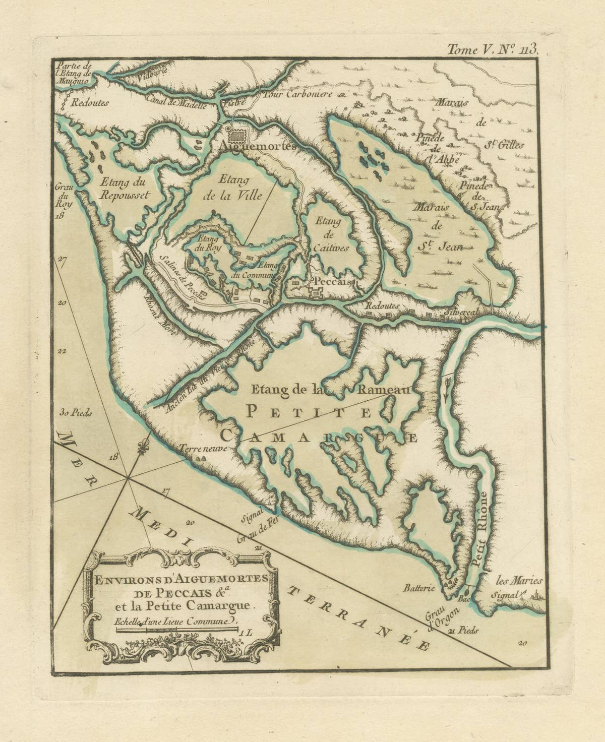 Antique Map of the Region of Aigues-Mortes and Camargue, France