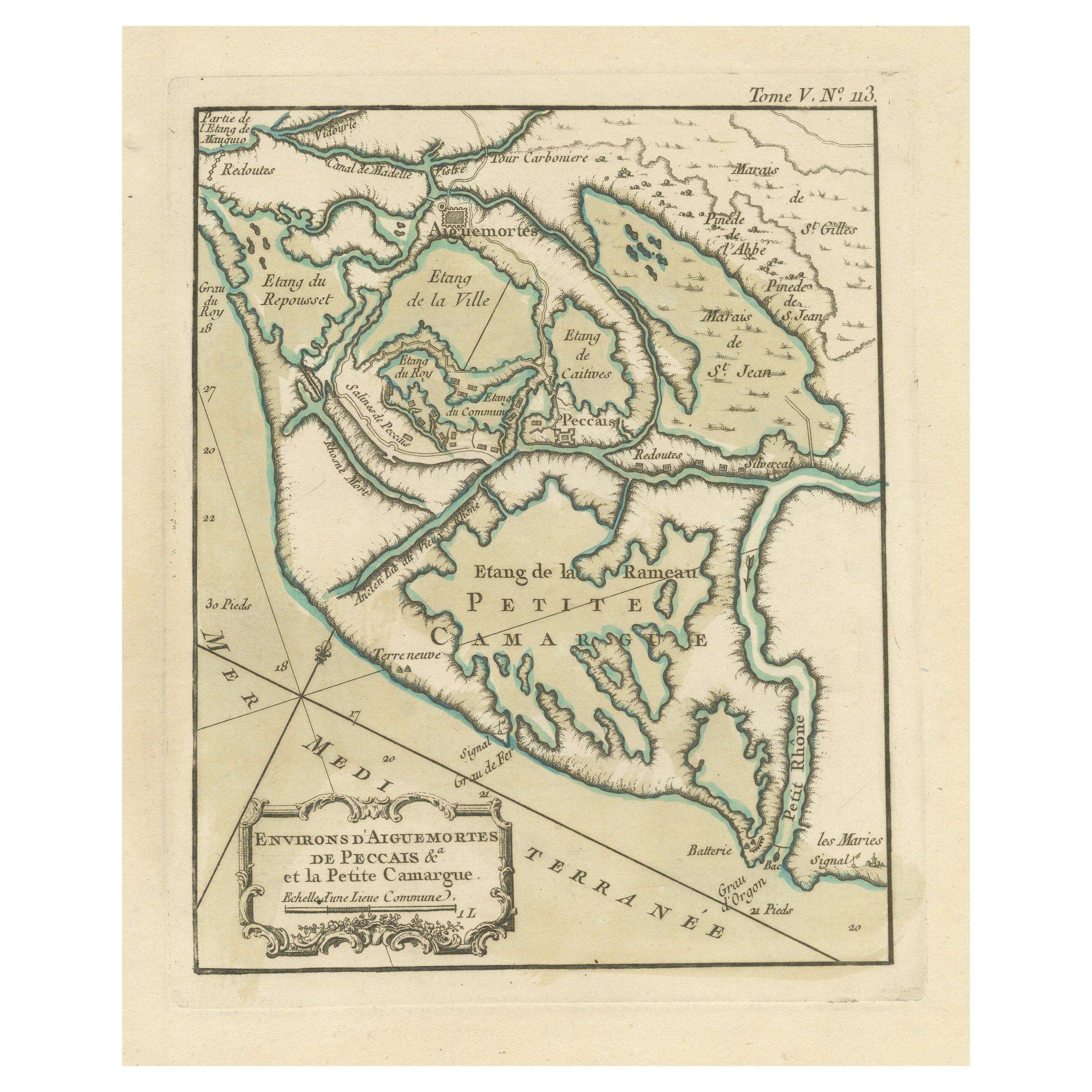 Carta geografica antica della regione di Aigues-Mortes e della Camargue, Francia