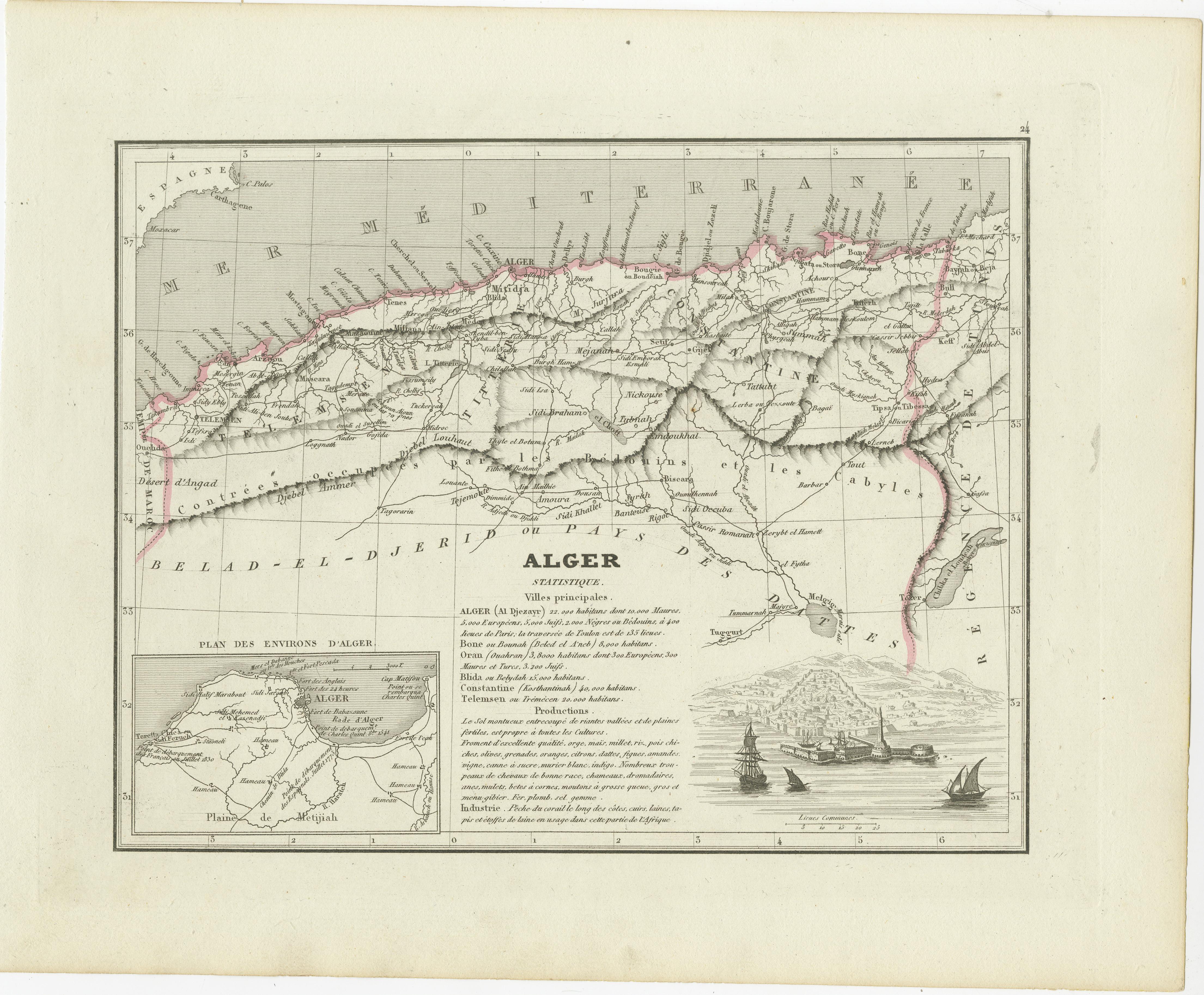 Antique map titled 'Alger'. This map shows the region of Algiers, Algeria. With a small inset map of the region of Algiers and a decorative vignette with a harbor view. Originates from 'Dictionnaire Universel de Geographie (.)'. Published by Binet,