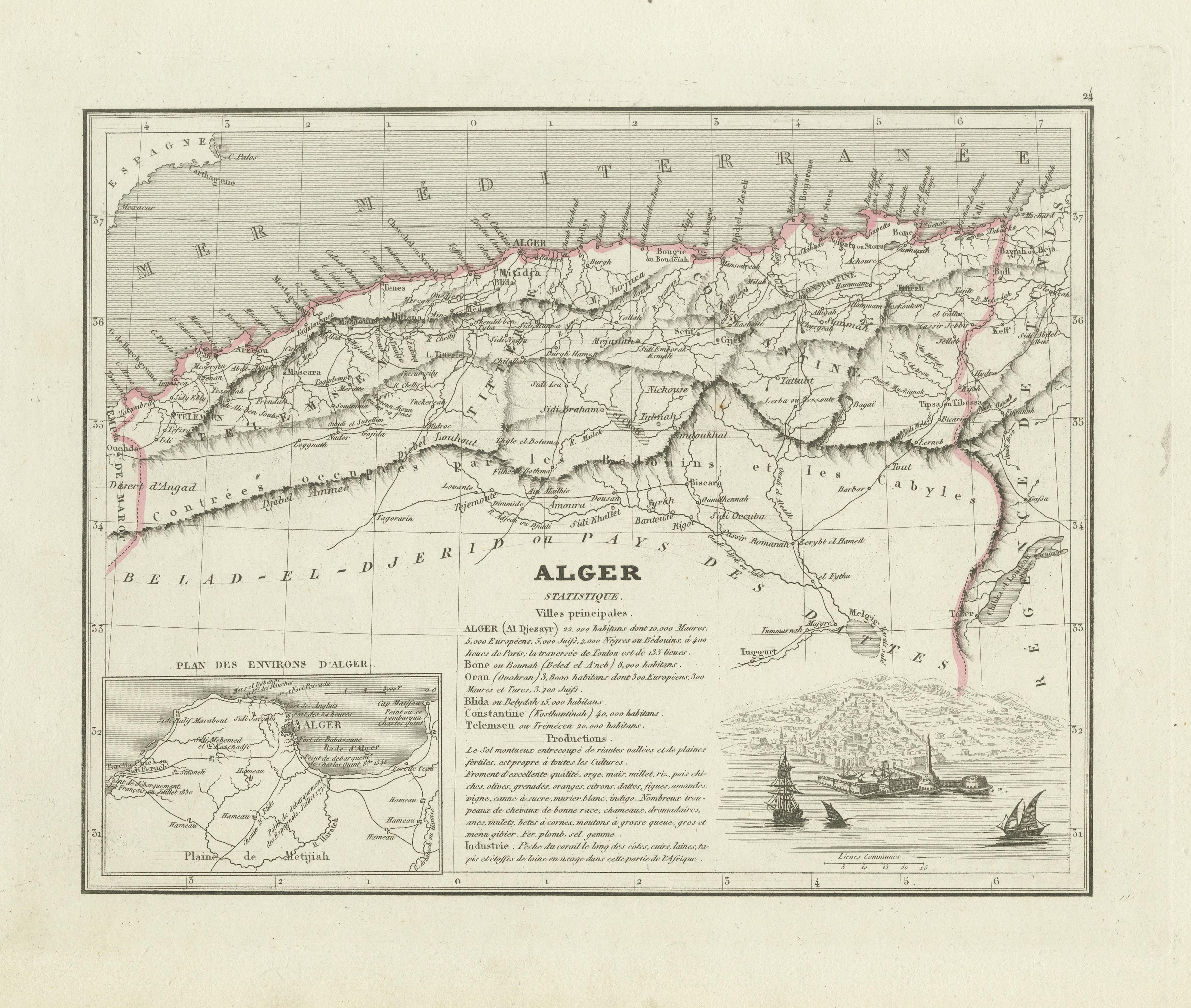 Antique Map of the Region of Algiers, Algeria In Good Condition For Sale In Langweer, NL