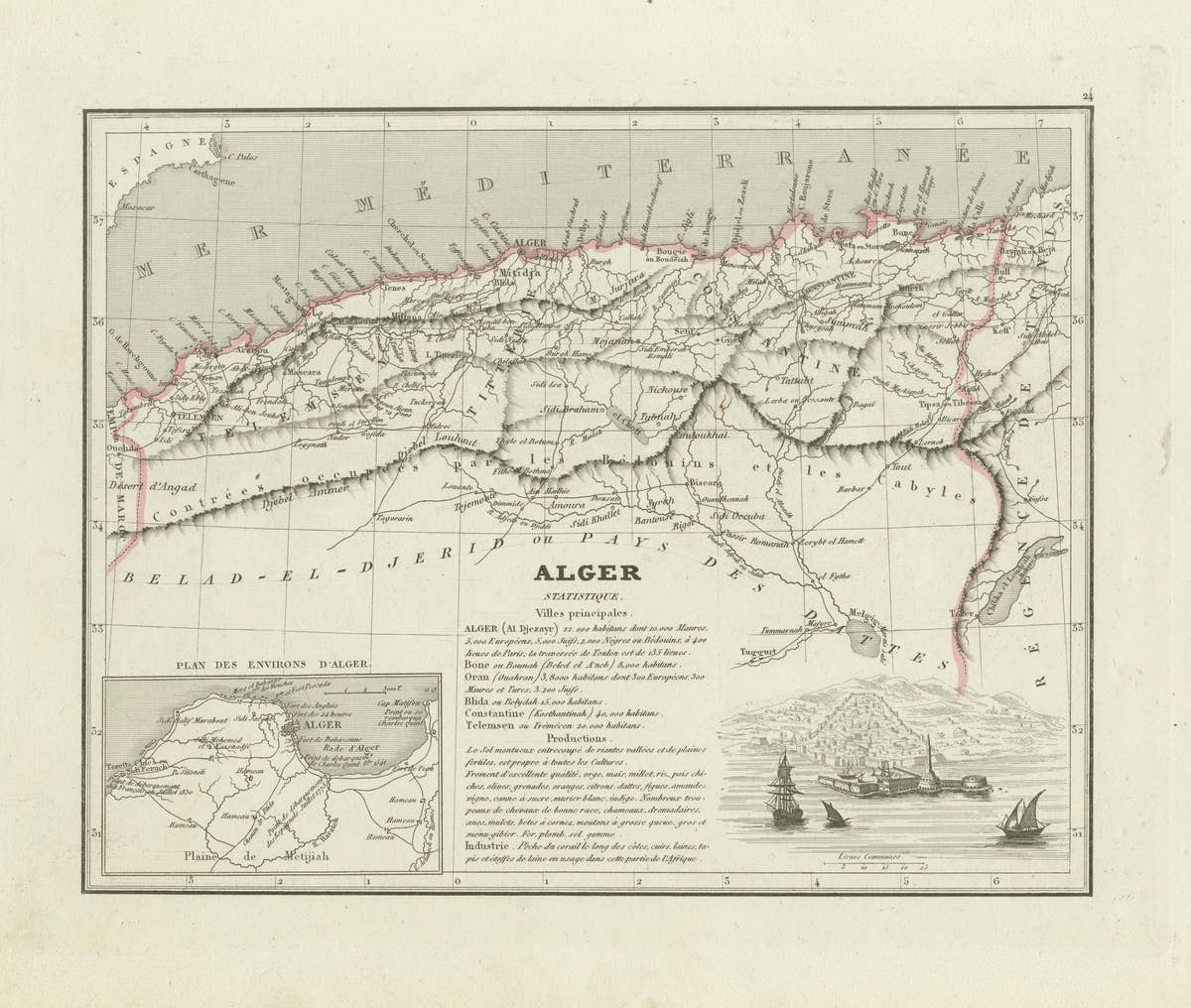 Antique Map of the Region of Algiers, Algeria