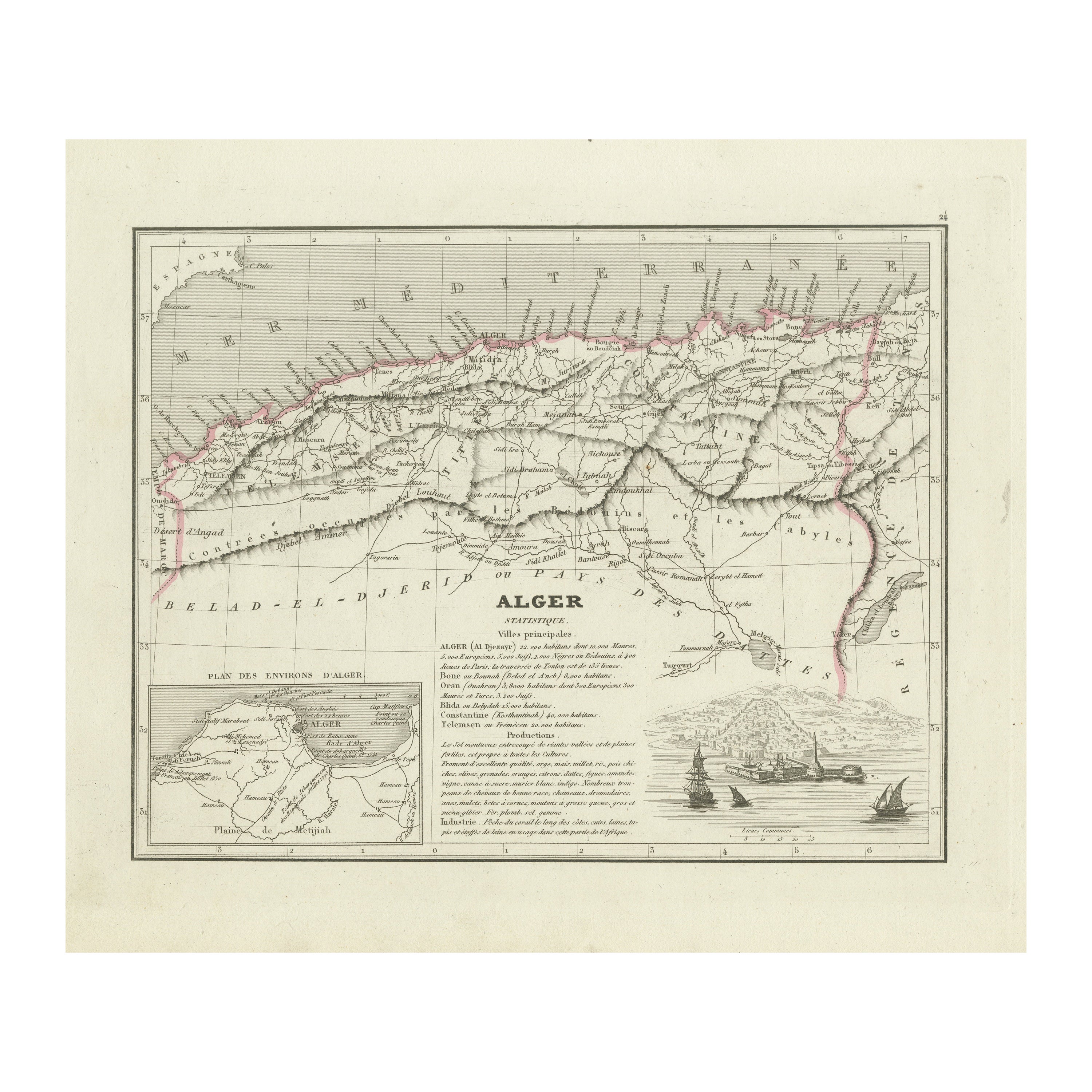Mapa Antiguo de la Región de Argel, Argelia en venta