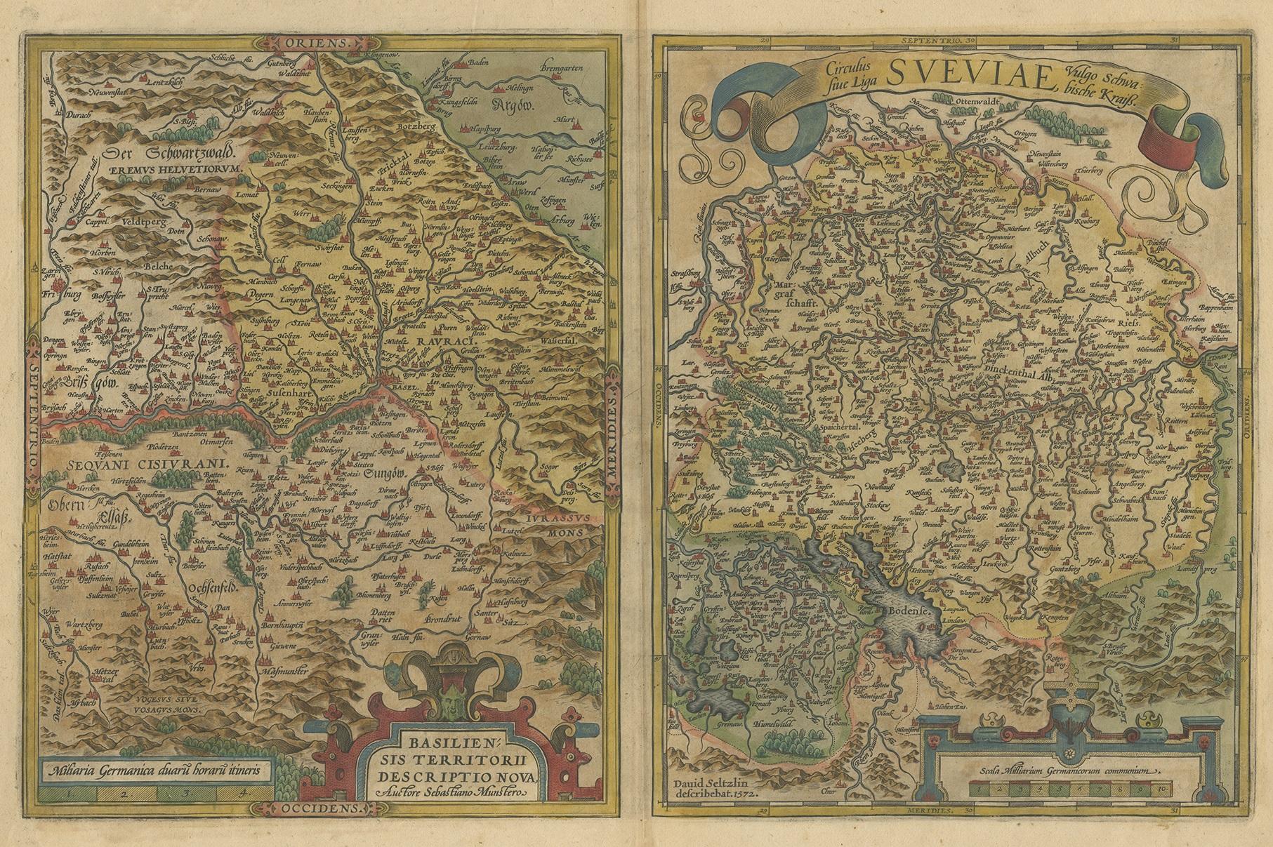 Two original antique maps on one sheet titled 'Basiliensis Territorii Descriptio Nova [with] Circulus sive Liga Sueviae'. The first centers on Basel, Switzerland, located on the Rhine River, and is based on Munster's map of 1538. The second map is
