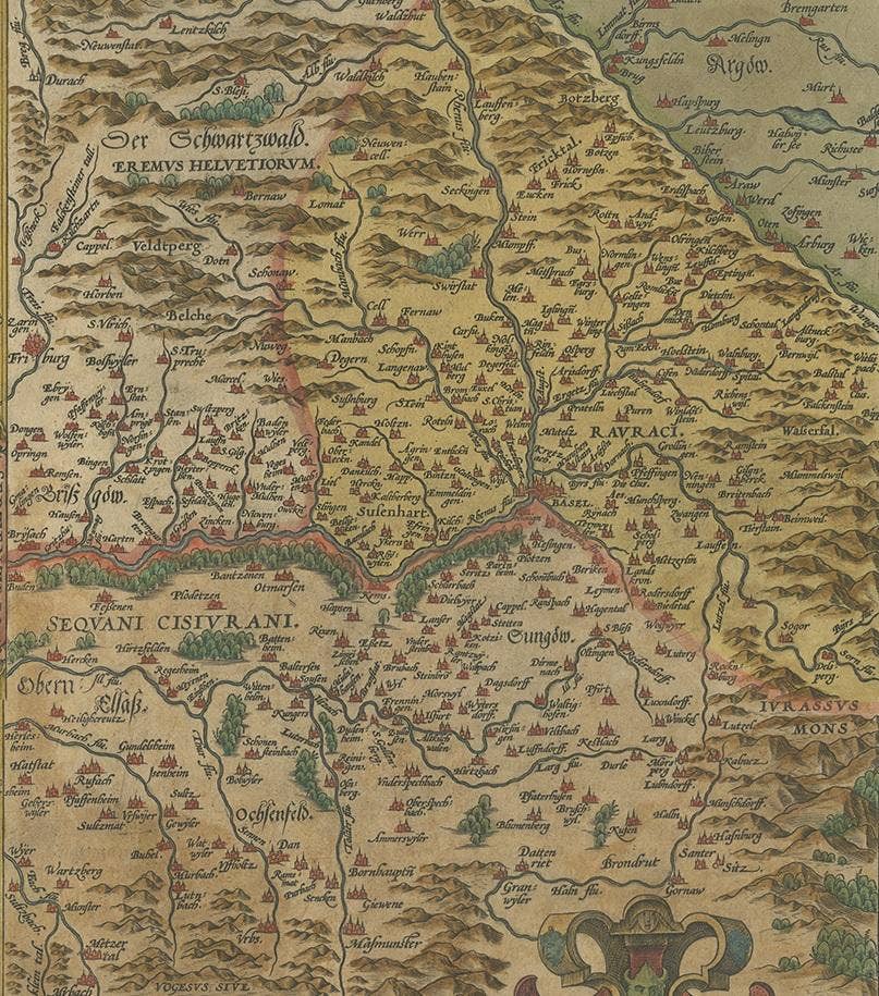 Map of the Region of Basel and Northern Switzerland by Ortelius, circa 1603