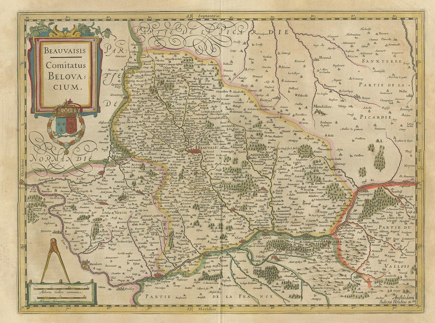 Antique map titled 'Beauvaisis - Comitatus Belovacium'. Old map of the region of Beauvais, France. This map originates from a composite atlas and is signed by J. Hondius.