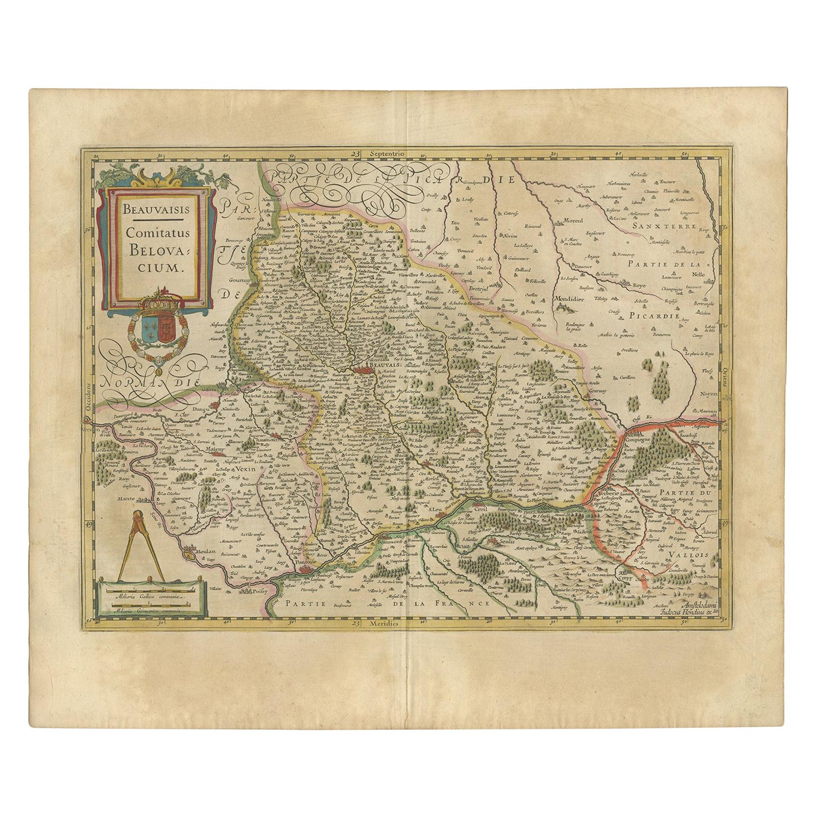 Antique Map of the Region of Beauvais by Hondius, circa 1630 For Sale