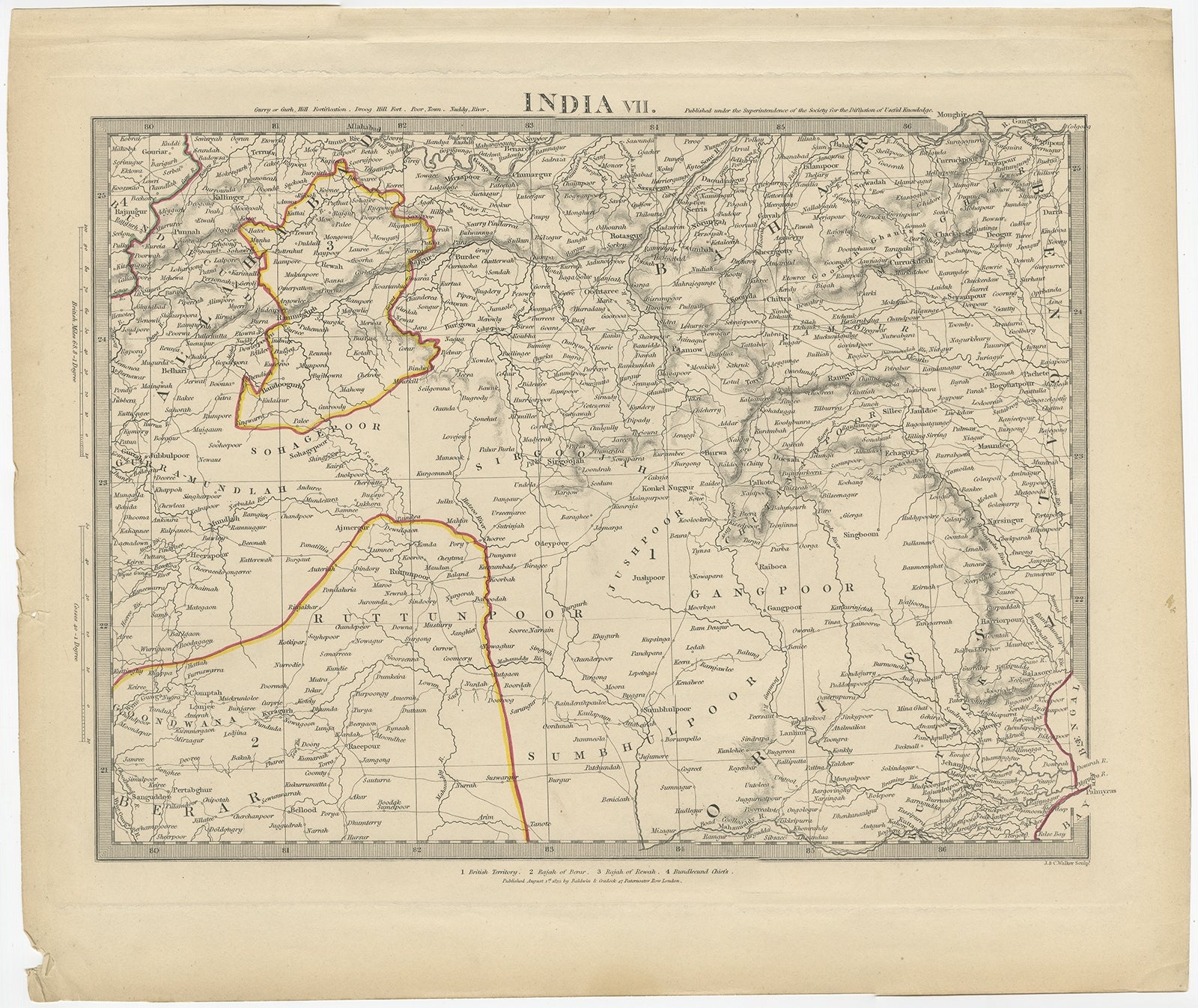Antique map titled 'India VII'. Old steel engraved map of part of India including the Rajah of Berar, the Rajah of Rewah and British Territory. 

Artists and Engravers: Engraved by J. & C. Walker. Published under the superintendence of the Society