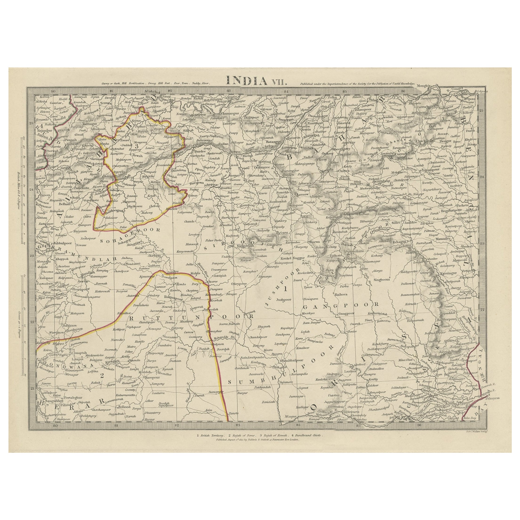 Carta geografica antica della regione di Berar e Rewah in India, 1832