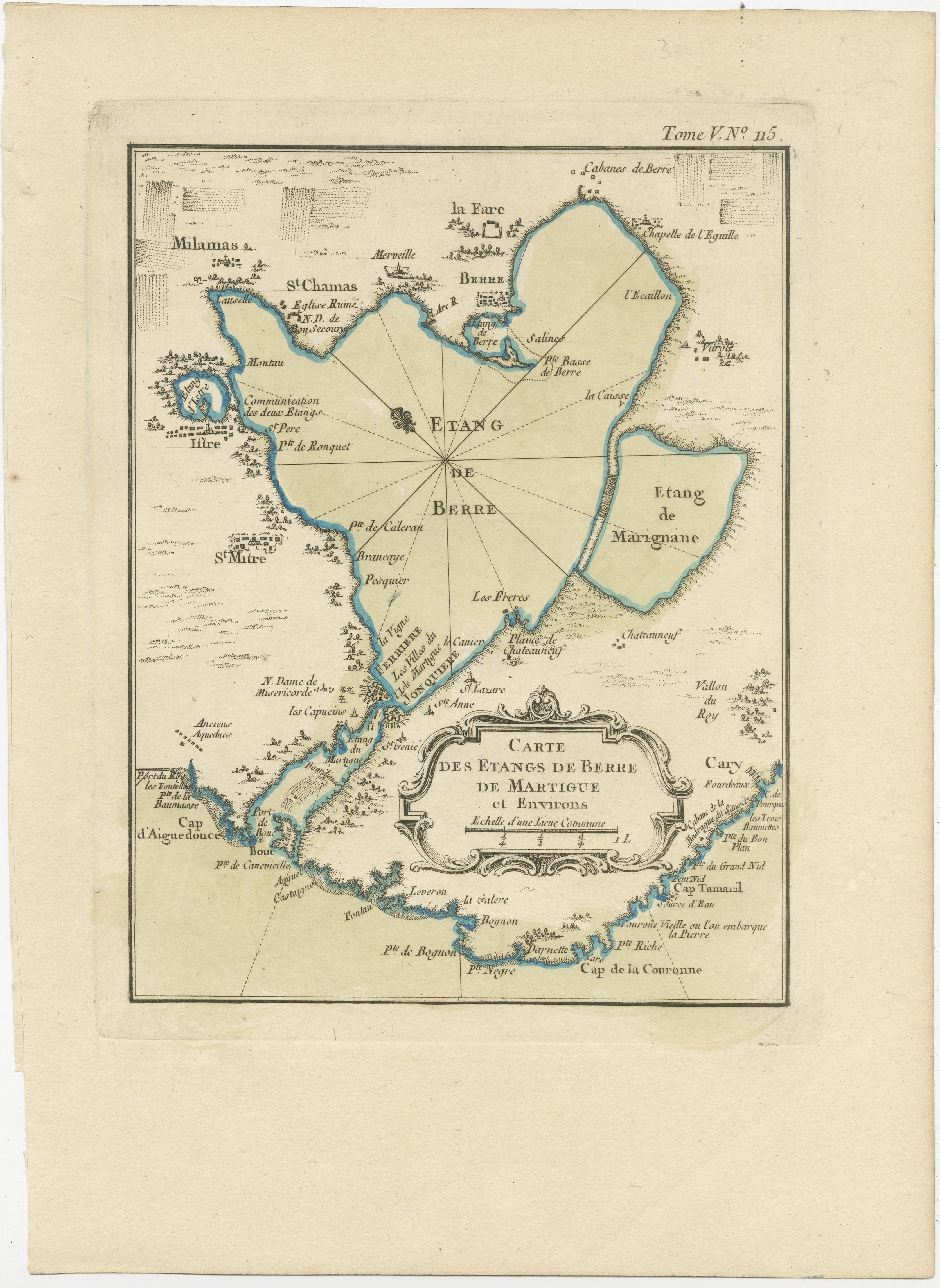 Antique map titled 'Carte des etangs de Berre de Martigue et environs'. Original map of the region of Berre-l'Étang, France. This map originates from 'Le Petit Atlas Maritime (..)' by J.N. Bellin. Published 1764. 

Bellin was an important maker of