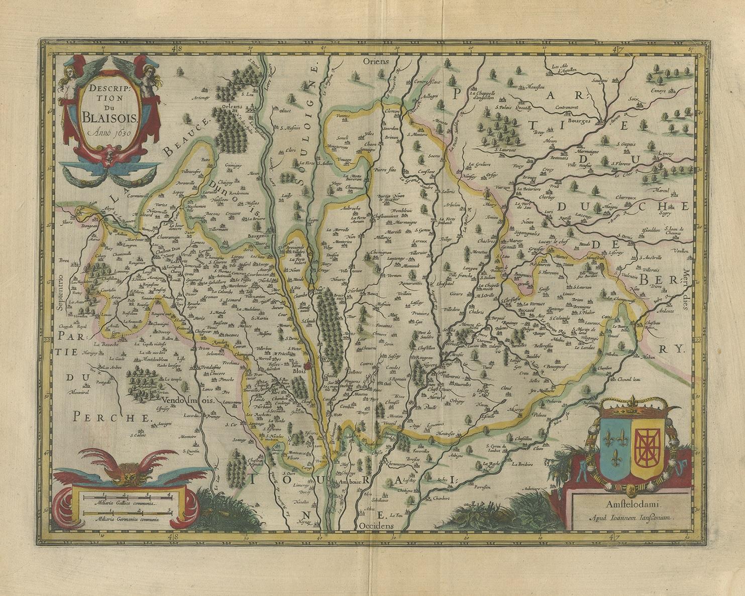 Antique map titled 'Description du Blaisois'. Old map of the region of Blois, France. It shows the city of Blois, Amboise, the Loire River and more. Published by J. Janssonius, circa 1640.