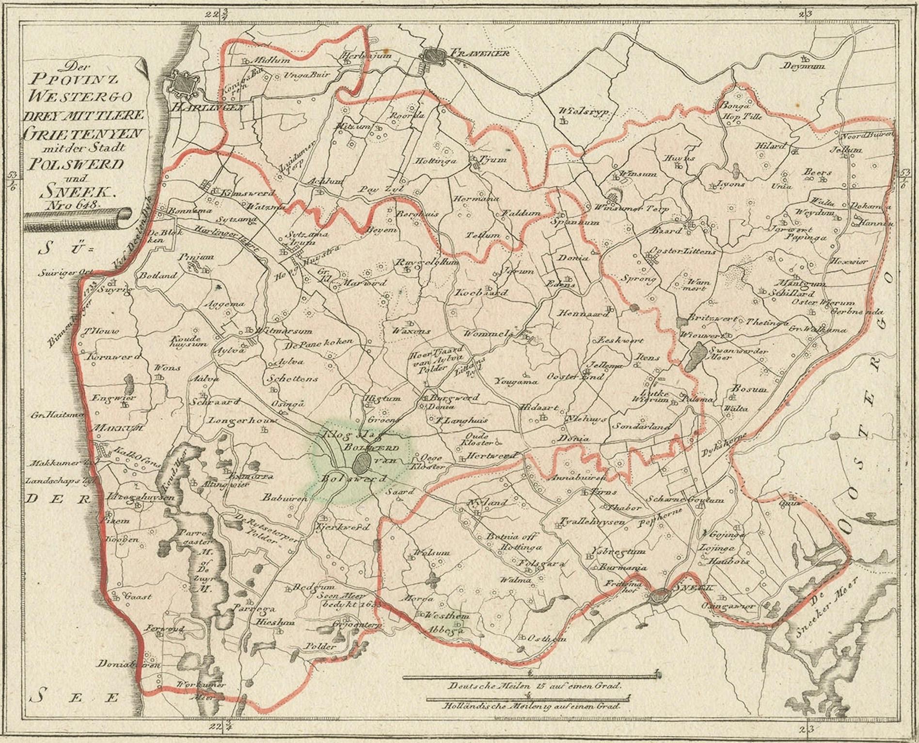Inciso Carta geografica antica della regione di Bolsward e Sneek di Von Reilly, 1791 in vendita