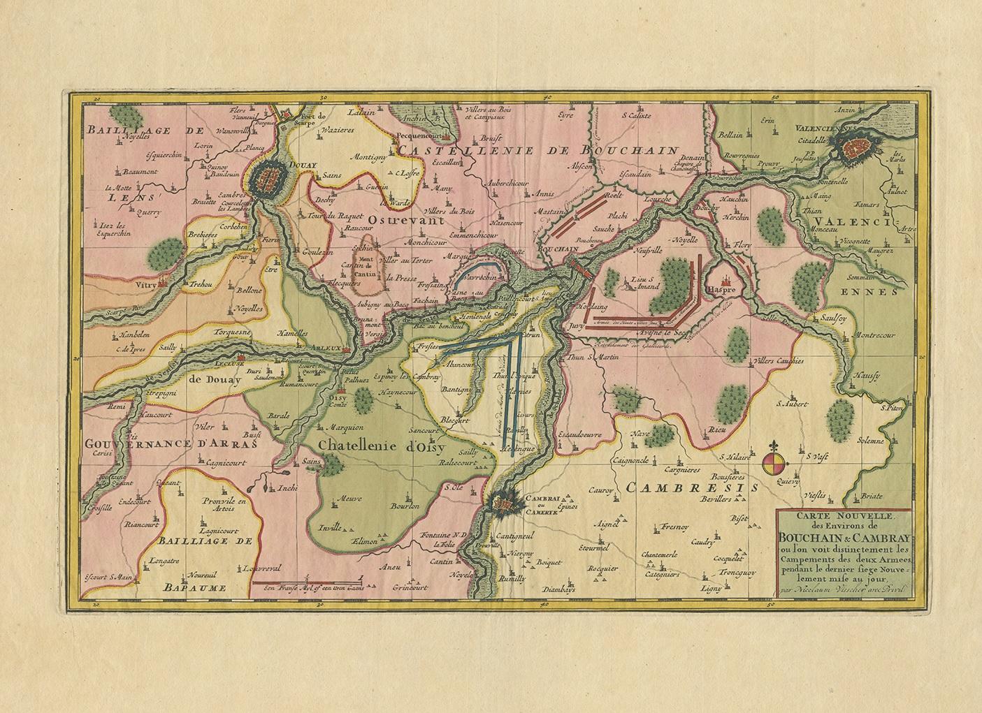 Carte ancienne intitulée 'Carte Nouvelle des Environs de Bouchain & Cambray'. Carte peu commune de la région de Bouchain et Cambrai (Cambray, France) montrant les camps de deux armées.