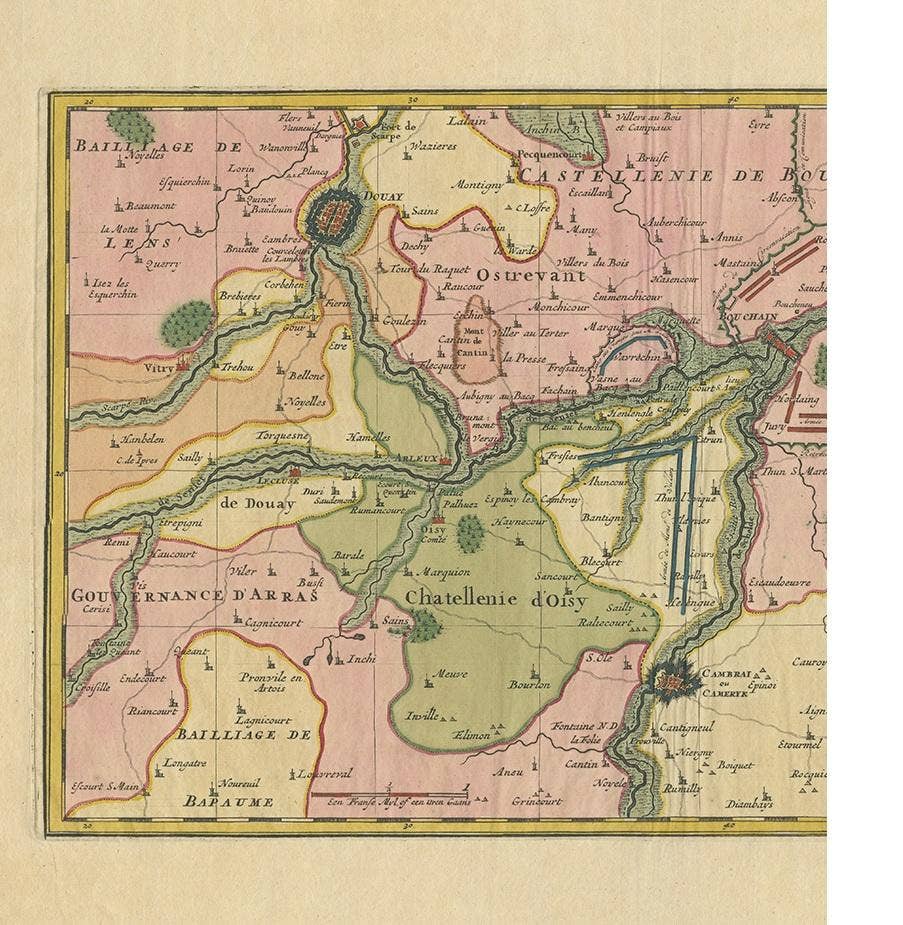 Antique Map of the Region of Bouchain and Cambrai by Visscher 'circa 1680'