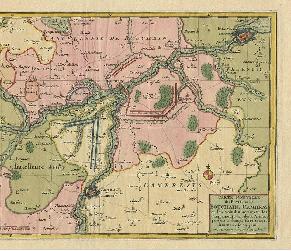 Antique Map of the Region of Bouchain and Cambrai by Visscher 'circa 1680'