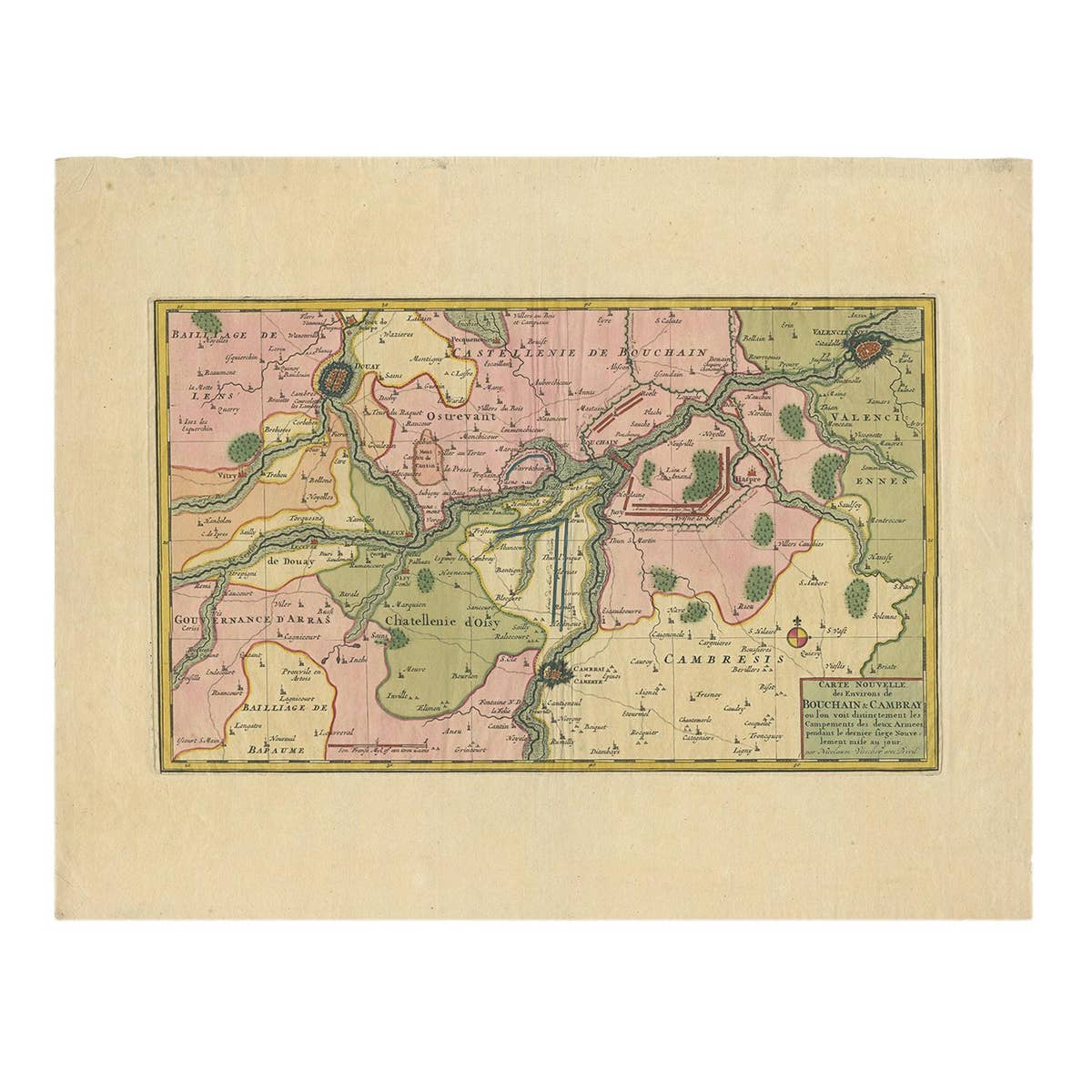 Antique Map of the Region of Bouchain and Cambrai by Visscher 'circa 1680'