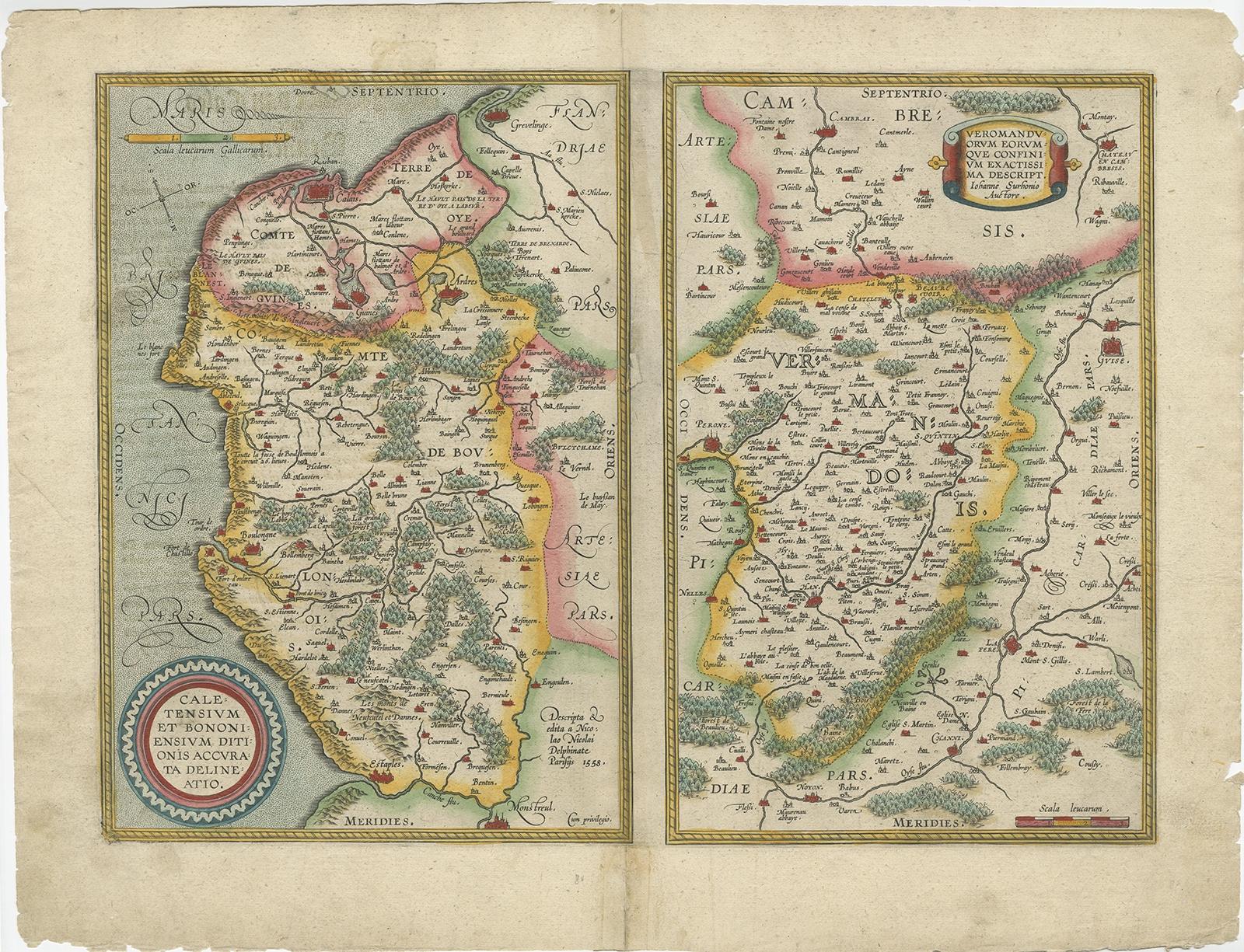 Antike Karte mit dem Titel 'Caletensium et Bononiensium (...)'. 

Zwei detaillierte Regionalkarten auf einem Blatt. Die erste Karte zeigt die belgische und französische Küstenregion, von Estaples bis Gruerlinge, einschließlich Calais und Boulogne.
