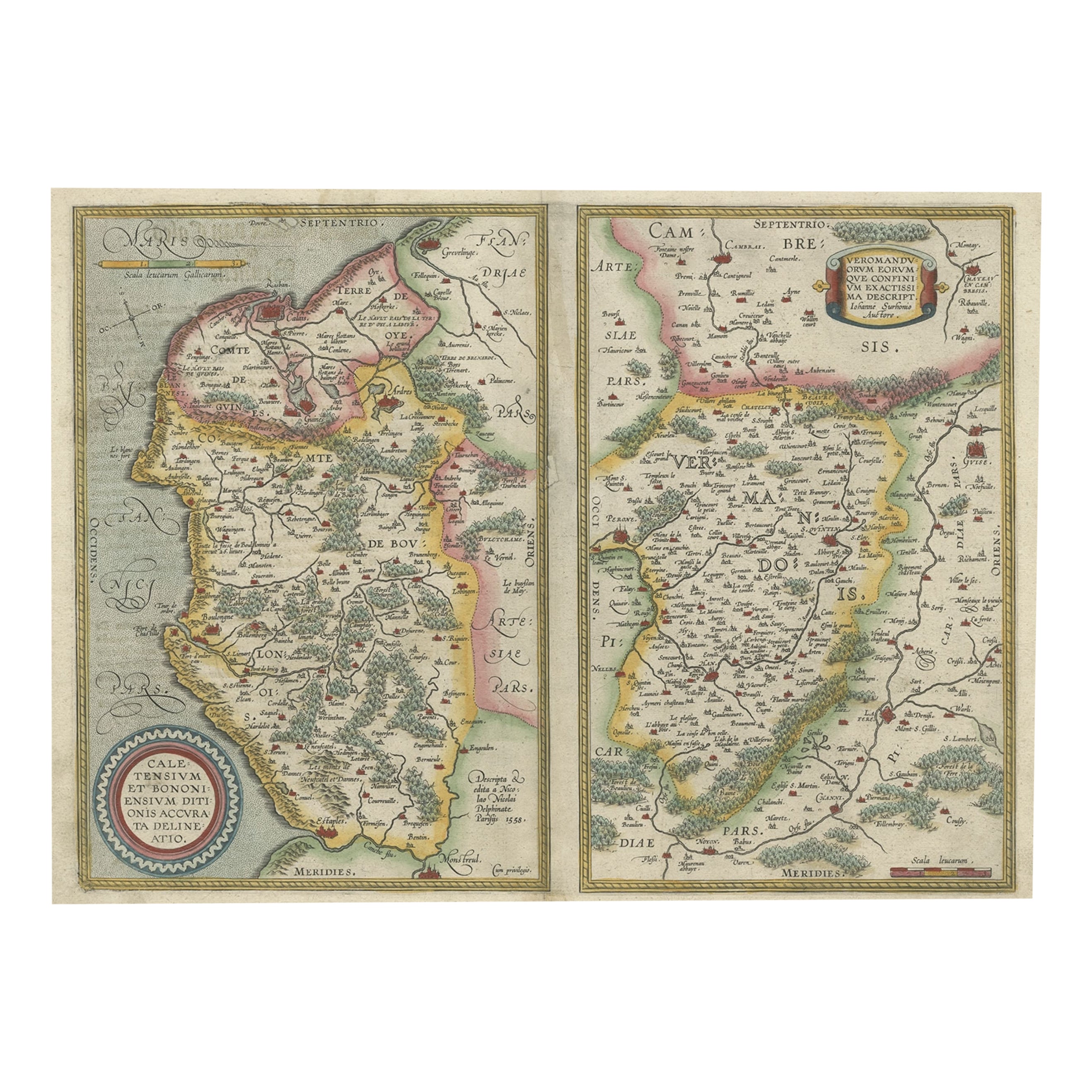 Carta geografica antica della regione di Boulogne e Peronne, Francia, 'C.1590