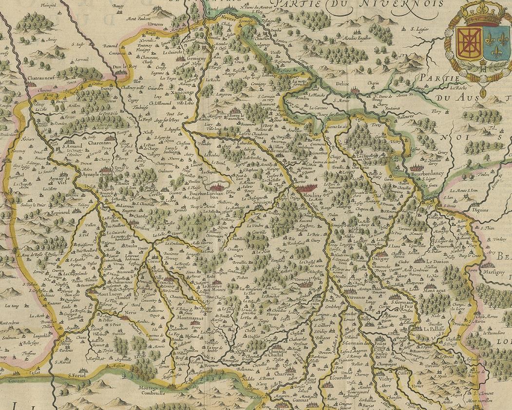 17ème siècle Carte ancienne de la région du Bourbonnais par Janssonius, vers 1640 en vente