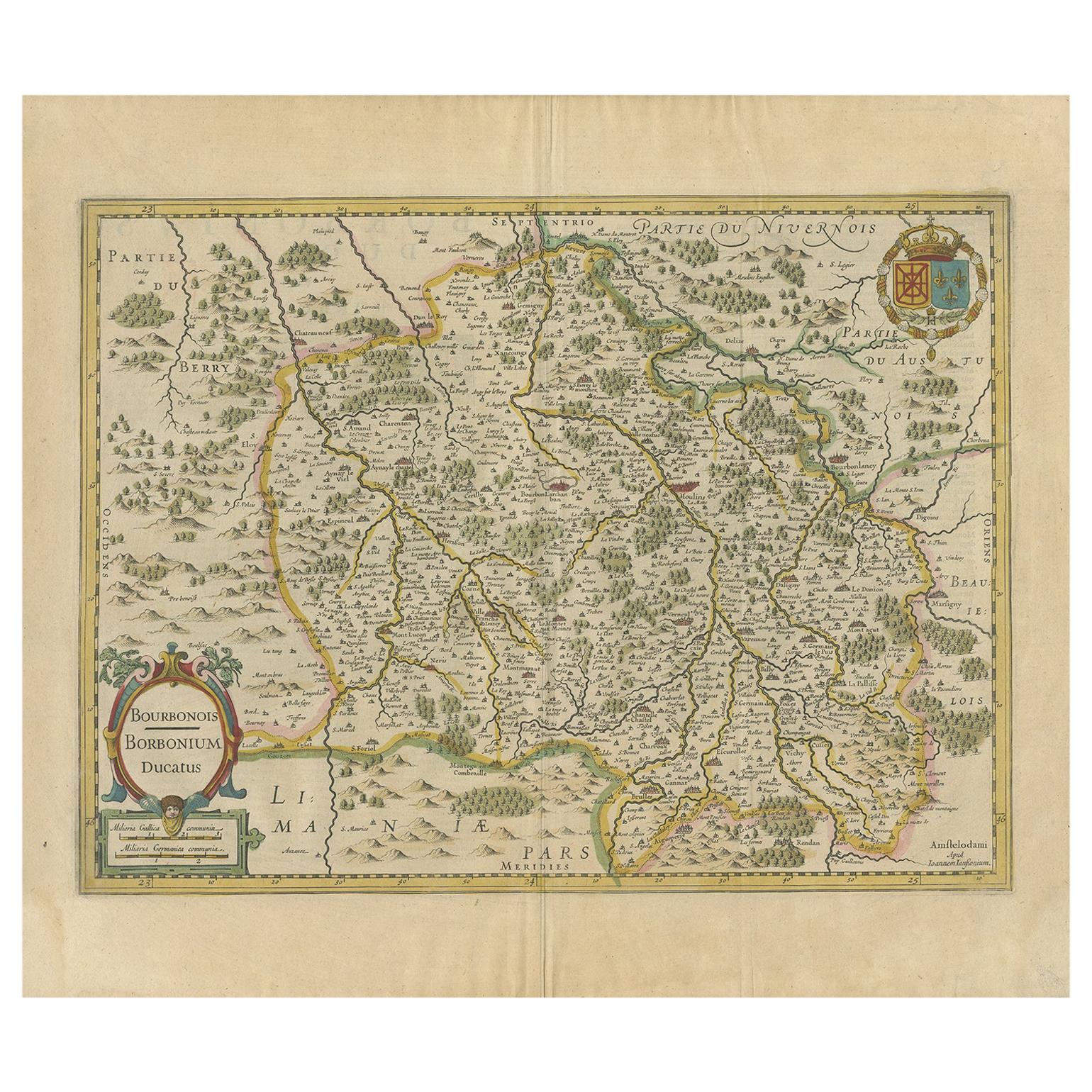 Antique Map of the Region of Bourbonnais by Janssonius, circa 1640