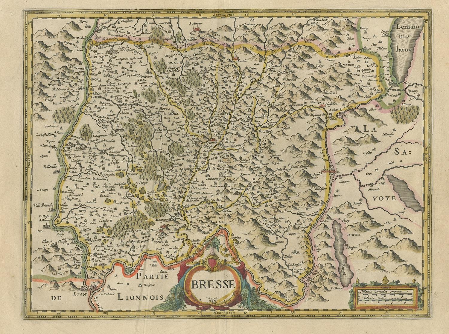 Antique map titled 'Bresse'. Old map of the former region of Bresse, France. It is located in the regions of Auvergne-Rhône-Alpes and Bourgogne-Franche-Comté of eastern France. This map originates from a composite atlas and most likely published by