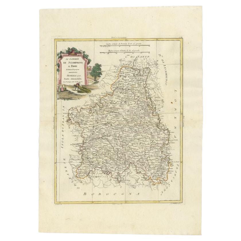 Antique Map of the Region of Brie and Champagne by Zatta, 1779 For Sale