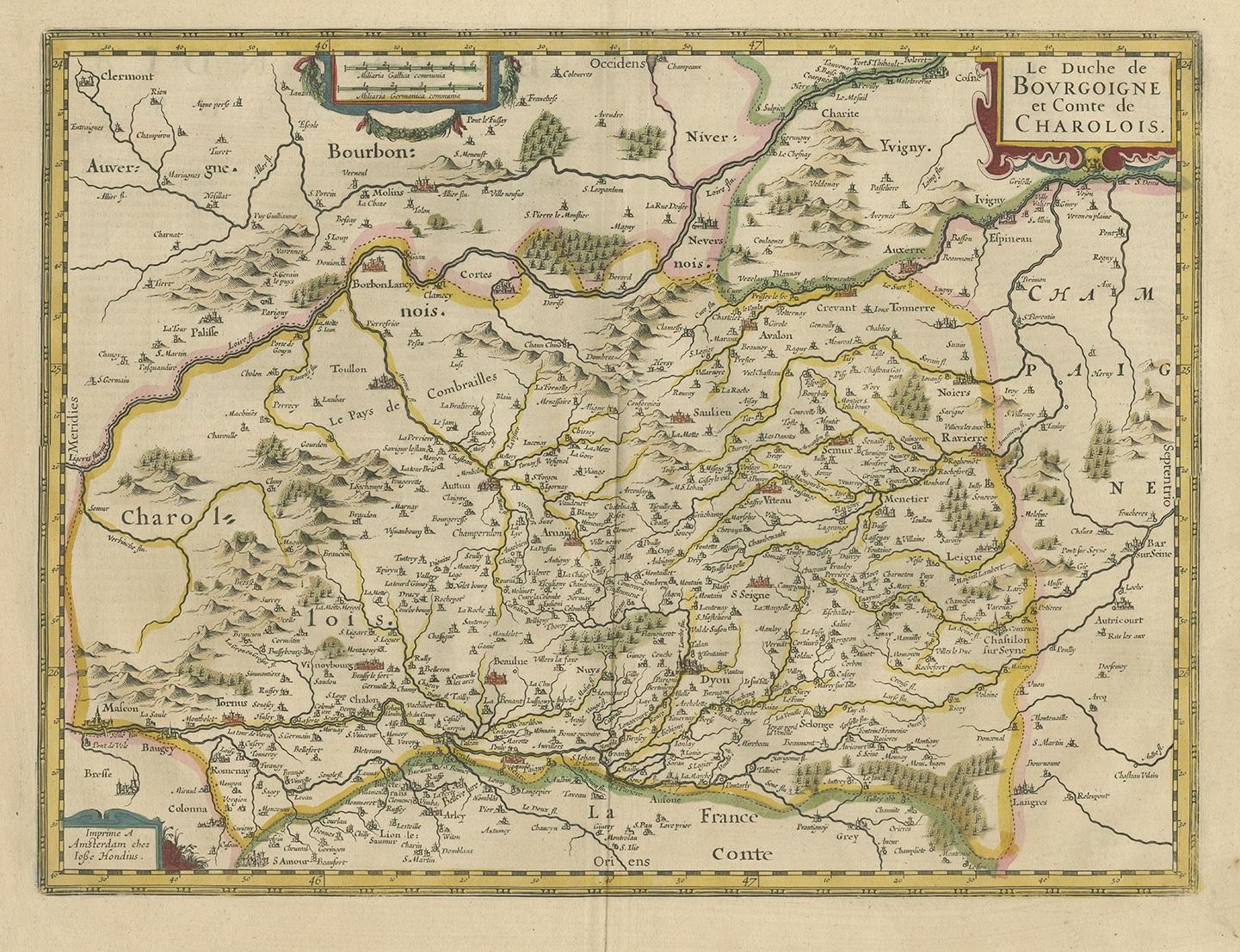 Antique map titled 'Le Duche de Bourgoigne et Comte de Charolois'. It shows the region of Burgundy and Charolais including Geneva, Rochefort, Verdun, Chalon, Dole and more. Published in Amsterdam by Hondius.