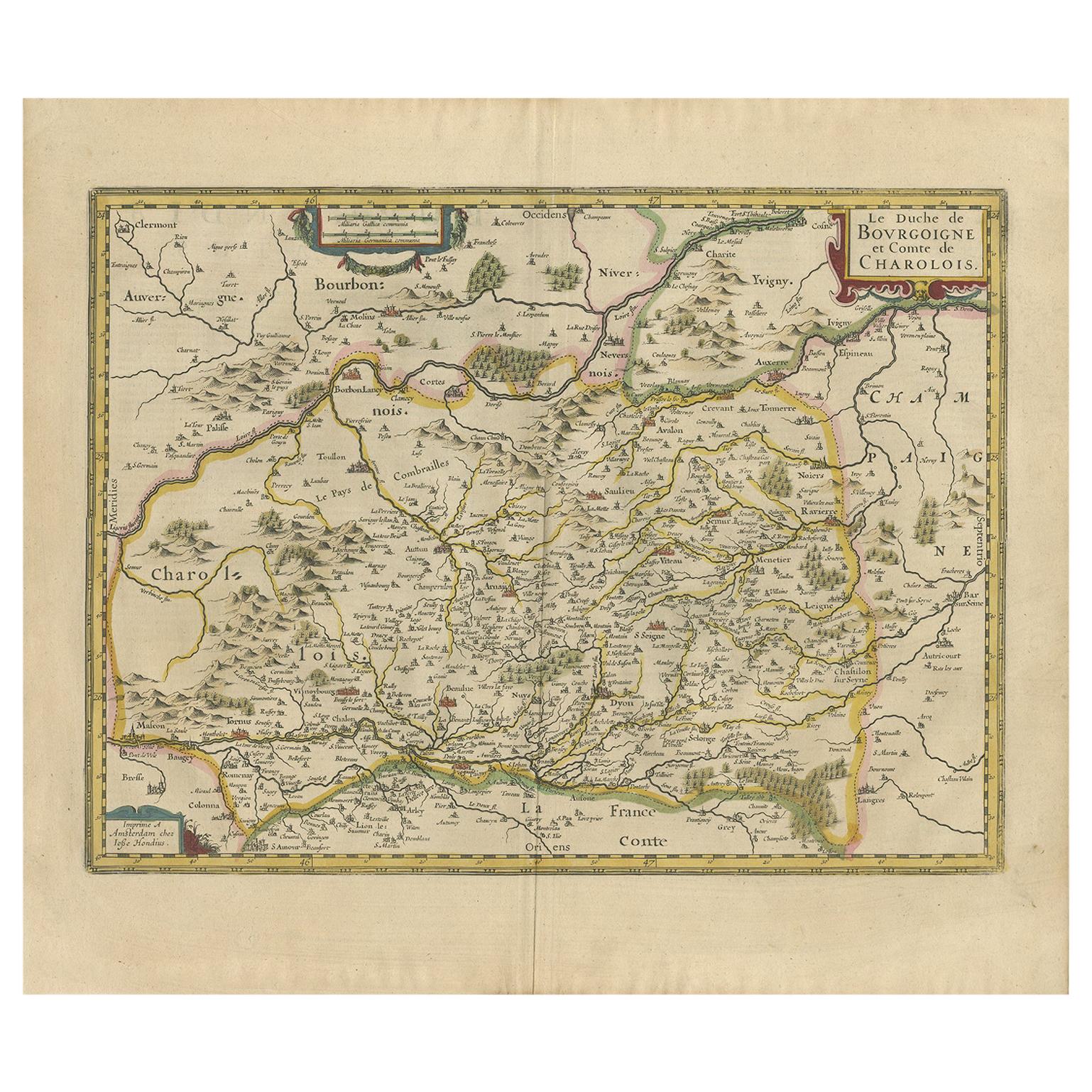 Antique Map of the Famous Wine Regions of Burgundy and Charolais, France, c.1630
