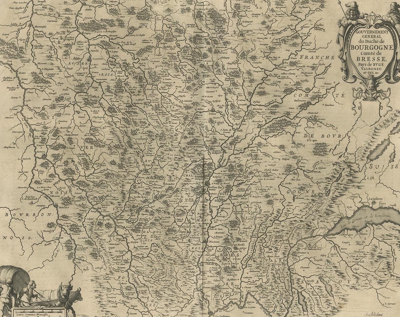 Antique map 'Gouvernement General du Duche de Bourgogne comté de Bresse'. Decorative map of the Burgundy region roughly between Langres, Geneva, Lyon and Nevers. Fully engraved to show rivers, mountains, forests and cities. Title cartouche flanked