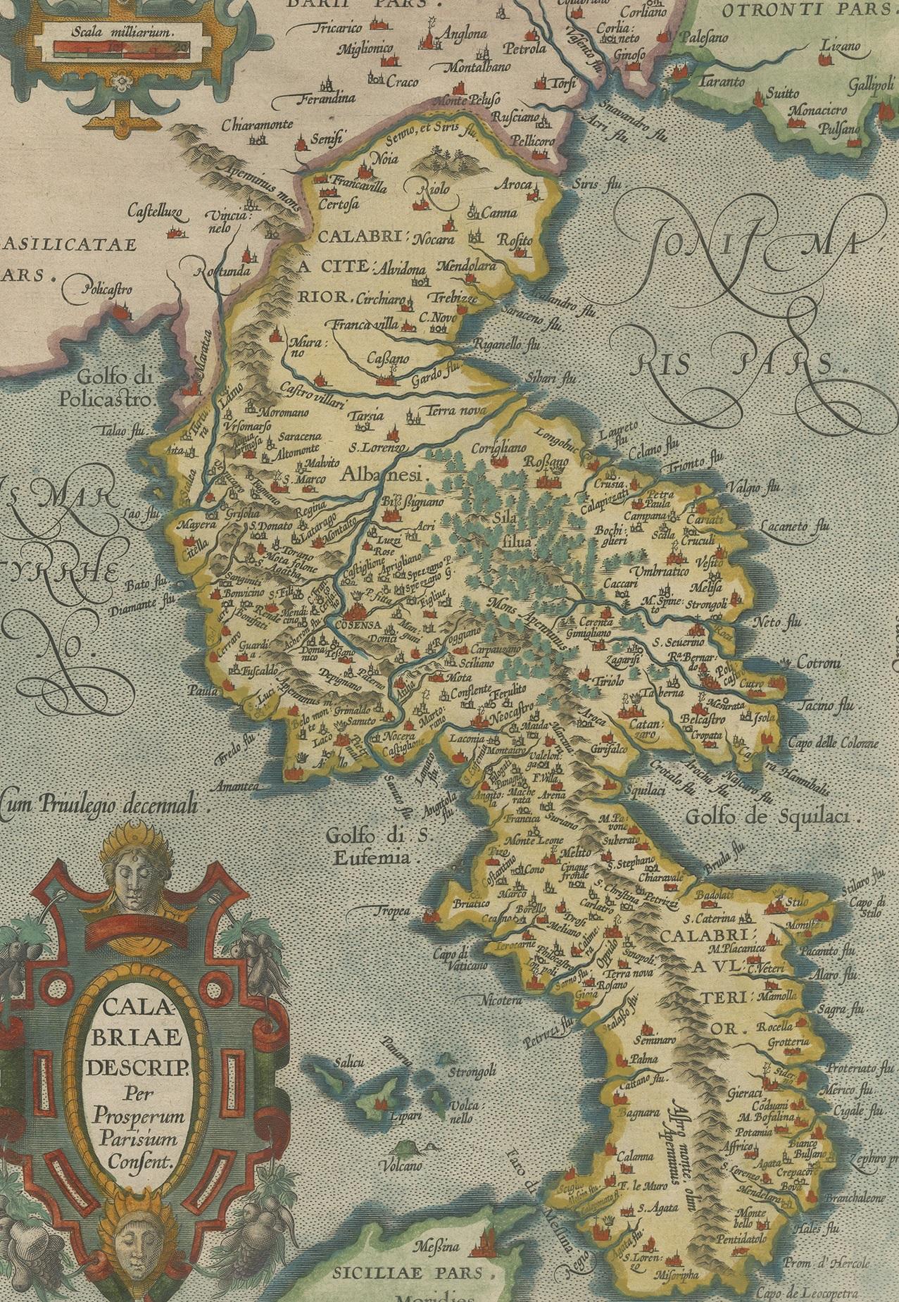 Antique map titled 'Calabriae Descrip. Per Prosperum Parisium Consent'. Beautiful map of the region of Calabria, Southern Italy. This map originates from 'Theatrum Orbis Terrarum' by A. Ortelius.