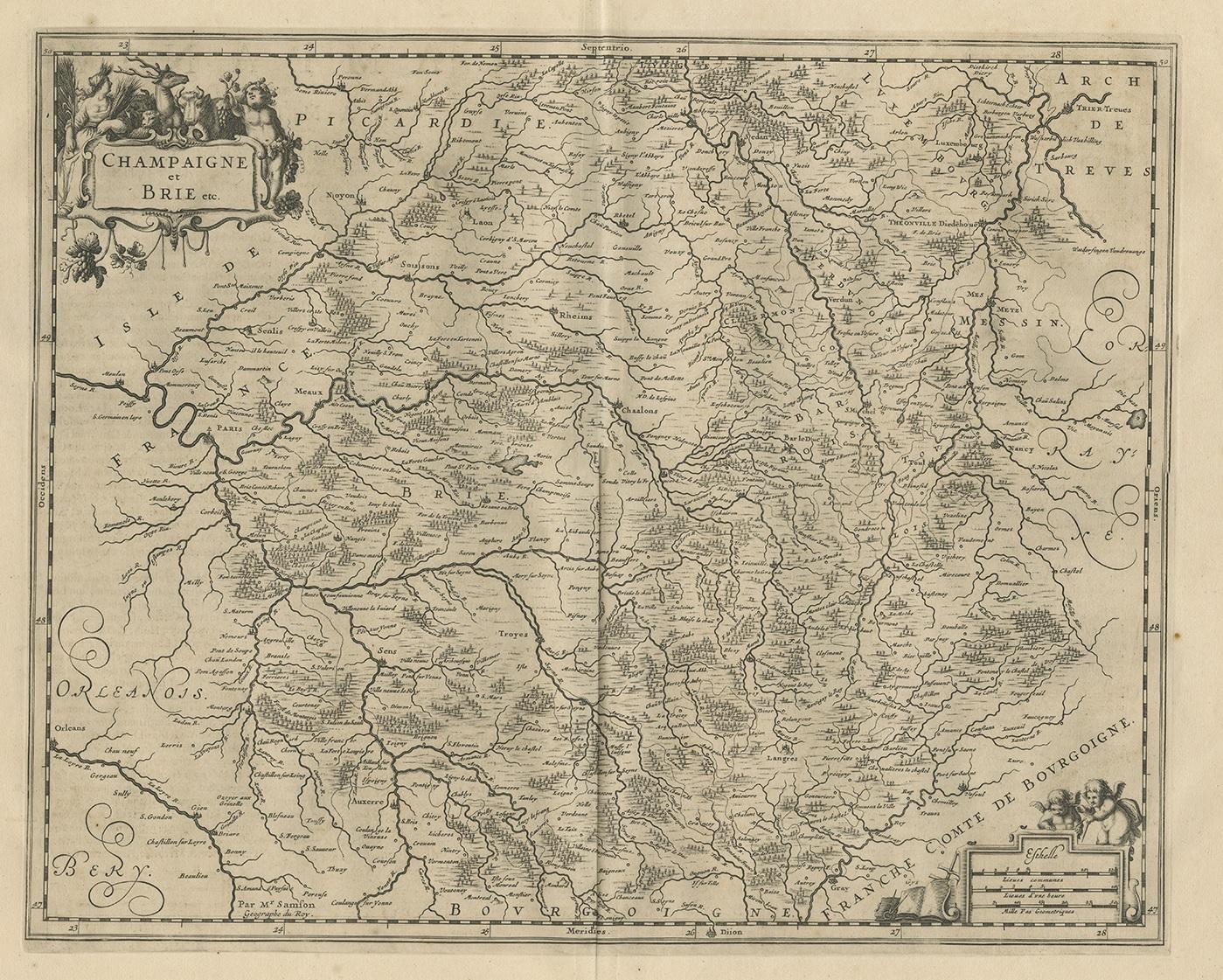 Antique map of France titled 'Champagne et Brie'. Detailed map of the region of Champagne and Brie. This map originates from 'Atlas Novus, Sive Theatrum Orbis Orbis Terrarum: In quo Galliae, Helvetiae (..)' by J. Janssonius (1656-1657).