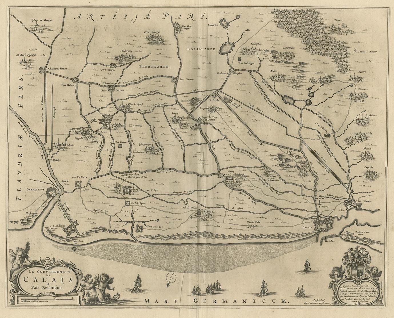 Antique map of France titled 'Le Gouvernement de Calais'. Attractive map of the north-western part of France including the towns of Calais, Gravelines. This map originates from 'Atlas Novus, Sive Theatrum Orbis Orbis Terrarum: In quo Galliae,