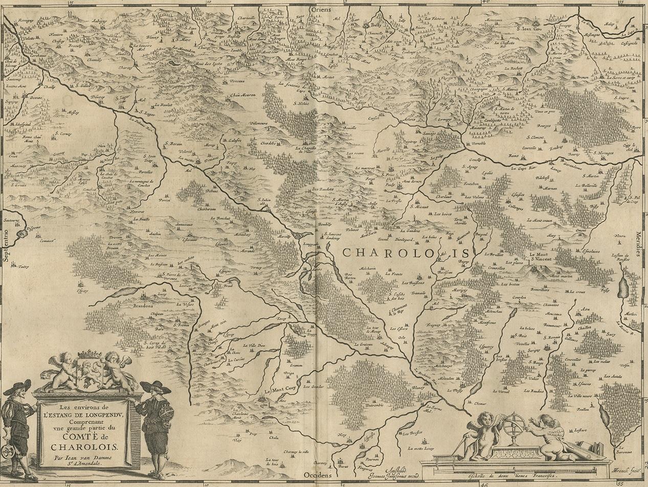 Antique map 'Les environs de L'Estang de Longpendu, comprenant une grande partie du Comté de Charolois'. Decorative map of the Charolais region. This map originates from 'Atlas Novus, Sive Theatrum Orbis Orbis Terrarum: In quo Galliae, Helvetiae