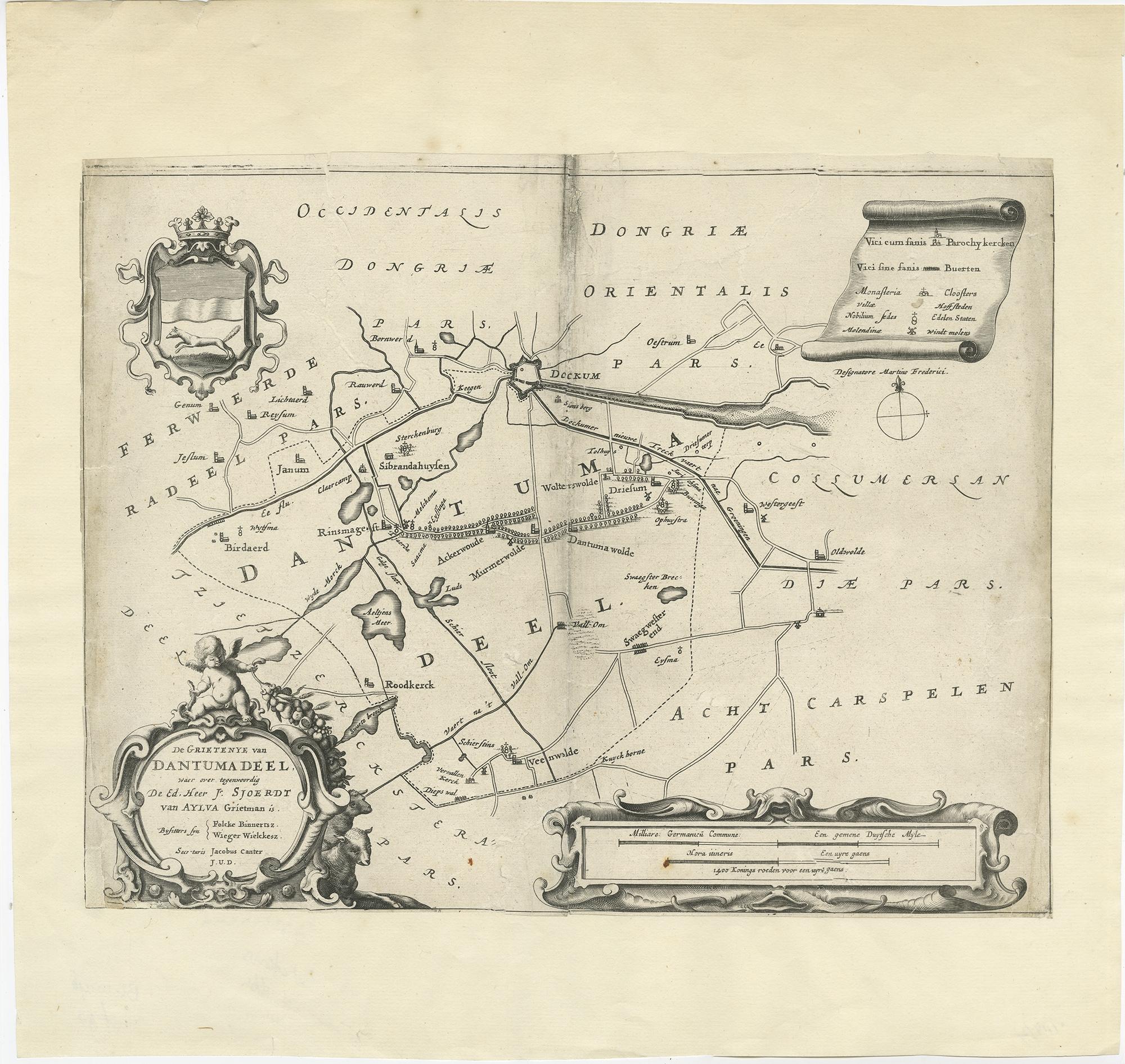 XVIIIe siècle et antérieur Carte ancienne de la région de Dantumadeel par Schotanus, 1664 en vente