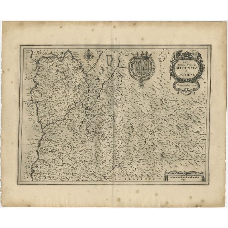 Antique map of France titled 'Nova et Accurata descriptio Delphinatus vulgo Dauphiné'. Decorative map of Dauphiné region in France. Originally a seperate province in southeastern France, the area now comprises of the present day departments of