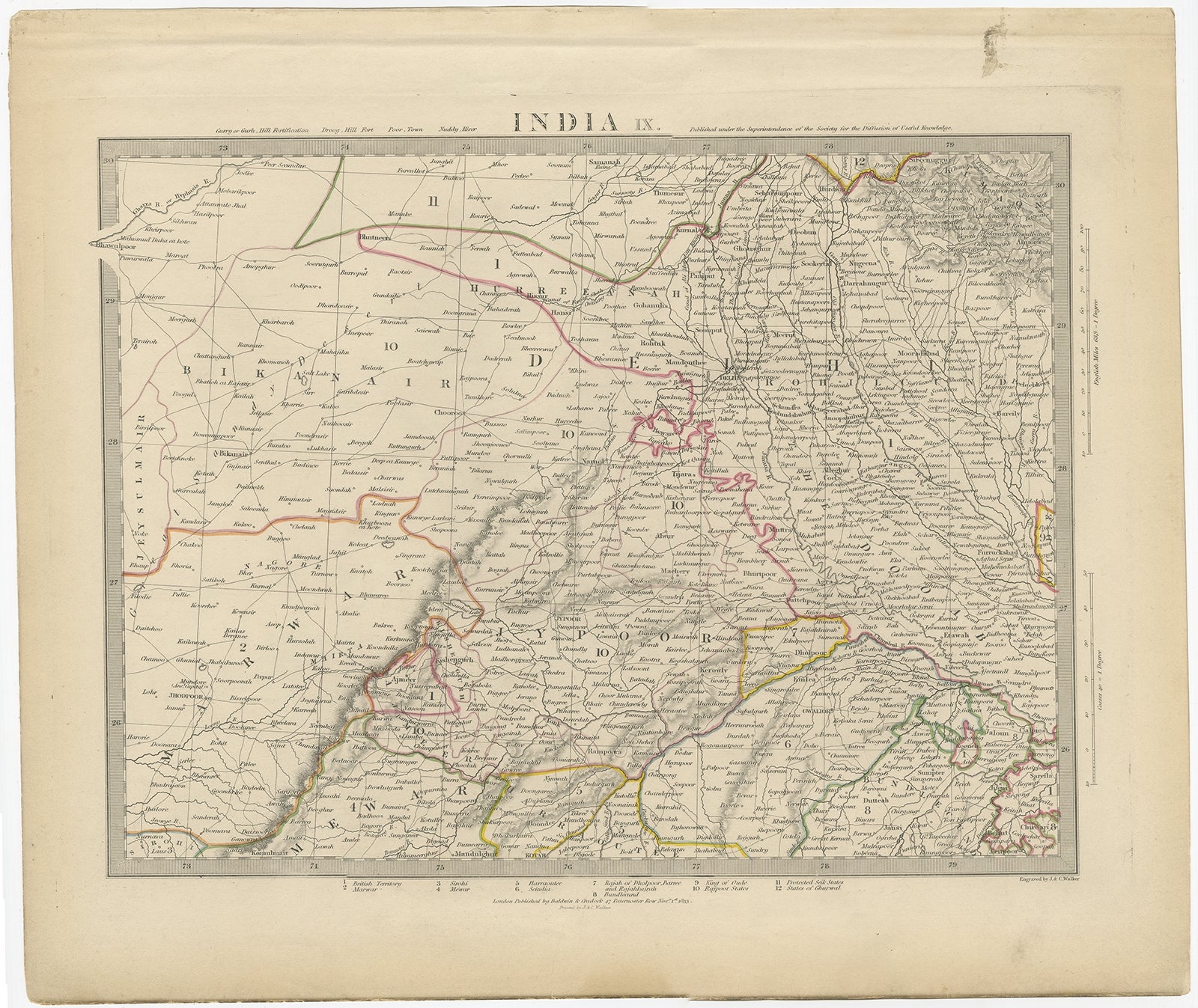 Antique map titled 'India IX'. Old steel engraved map of the region of Delhi, with great detail. 

Artists and Engravers: Engraved by J. & C. Walker. Published under the superintendence of the Society for the Diffusion of Useful Knowledge.
