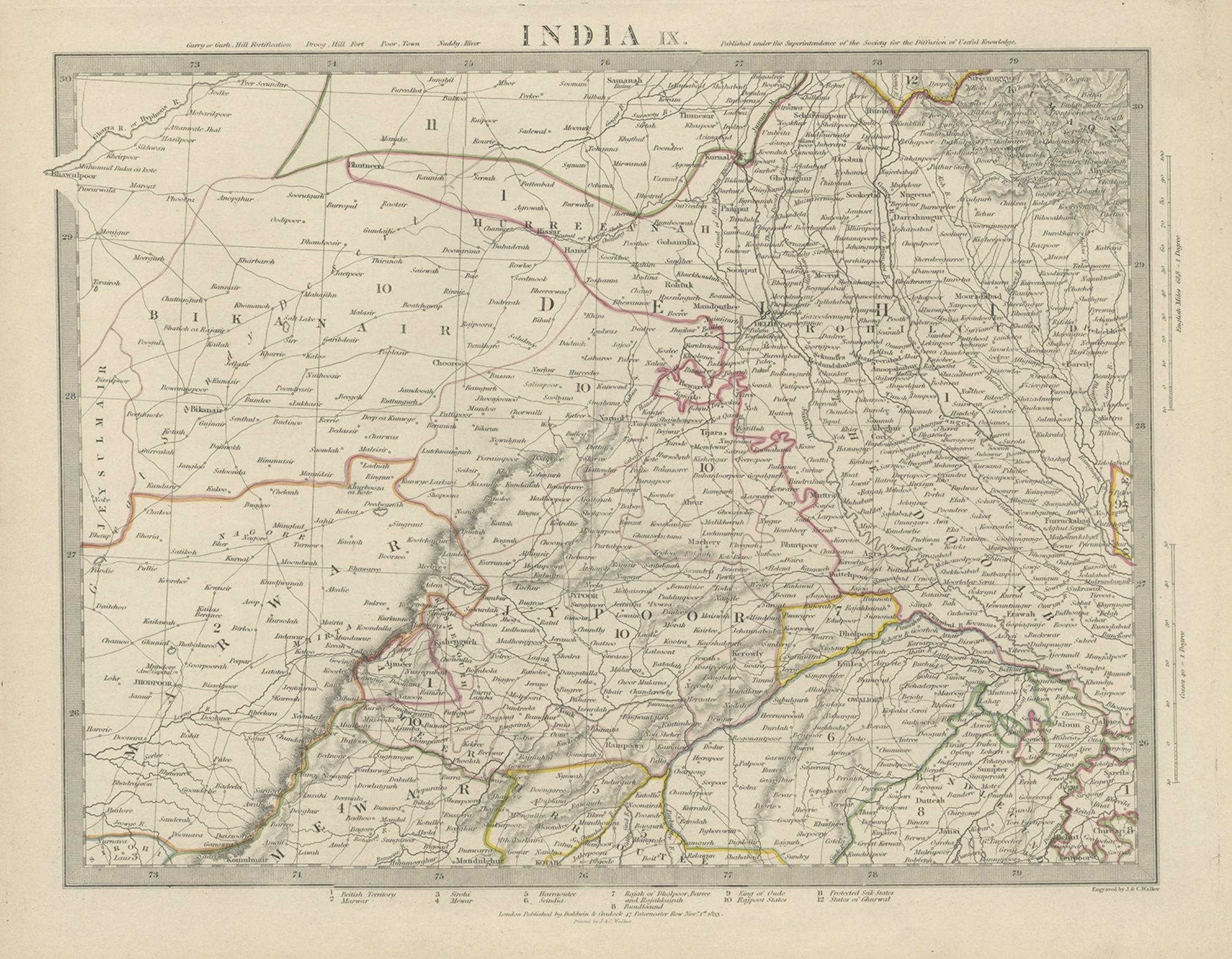 Paper Antique Map of the Region of Delhi in India, 1833 For Sale
