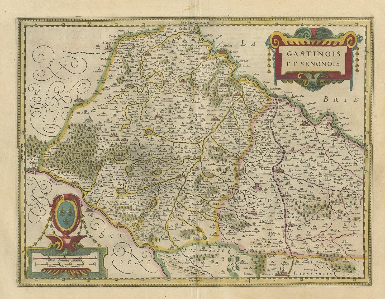 Antique map titled 'Gastinois et Senonois'. Old map of the region of Étampes and Sens, France. It shows the cities of Sens, Melun, Étampes, Orleans, Fontainebleau, Montargis and others. This map originates from a composite atlas and most likely