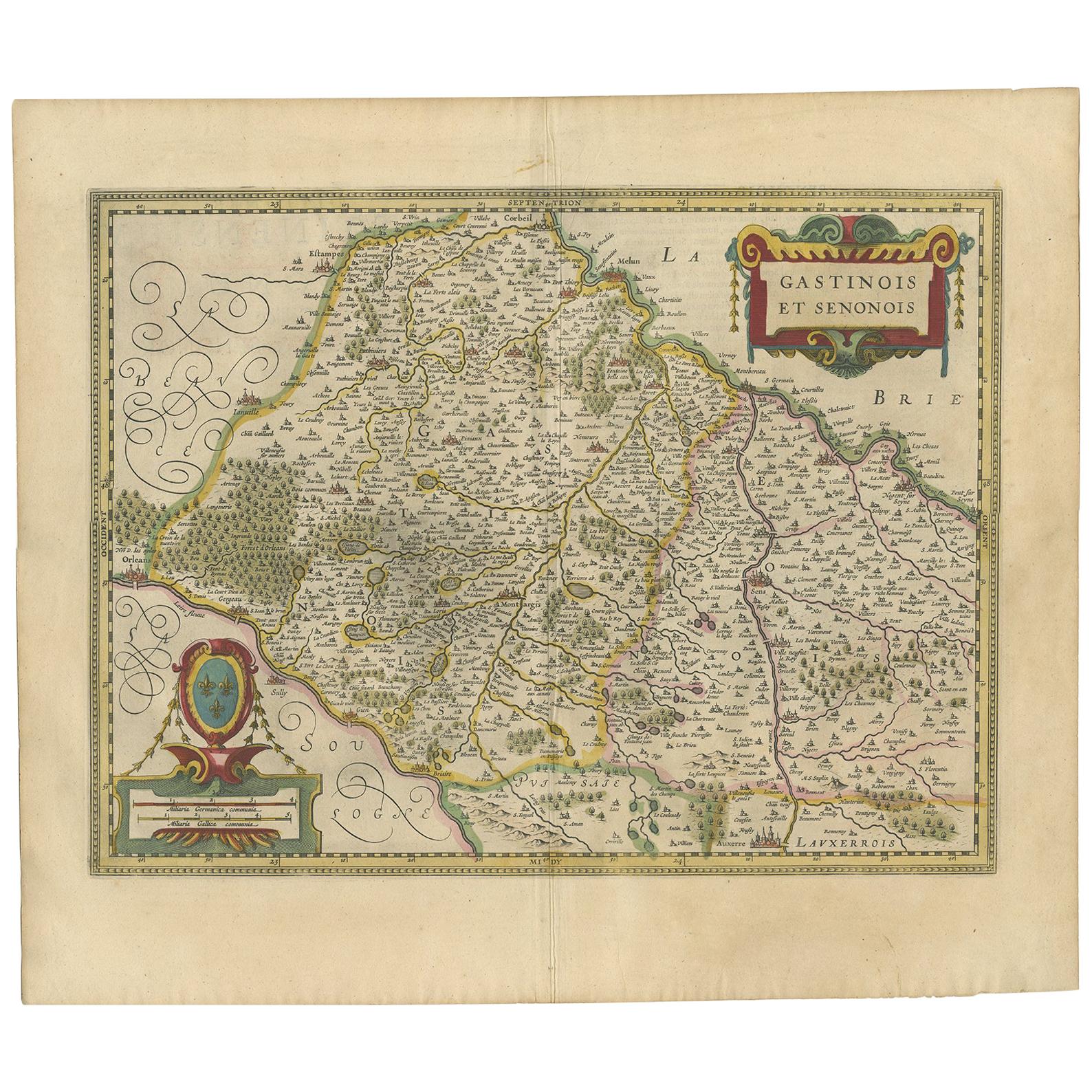 Antique Map of the Region of Étampes and Sens by Hondius, circa 1630 For Sale
