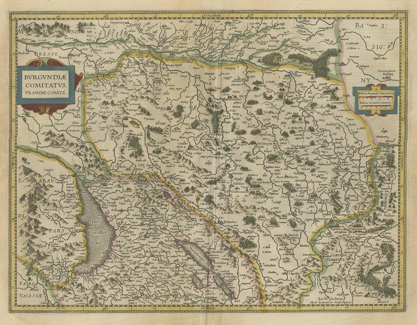Antique map titled 'Burgundiae Comitatus Franche Comté'. Old map of the historical and former region of Franche-Comté, France. As a region, it encompassed the eastern departements of Jura, Doubs, Haute-Saône, and the Territoire de Belfort. It shows